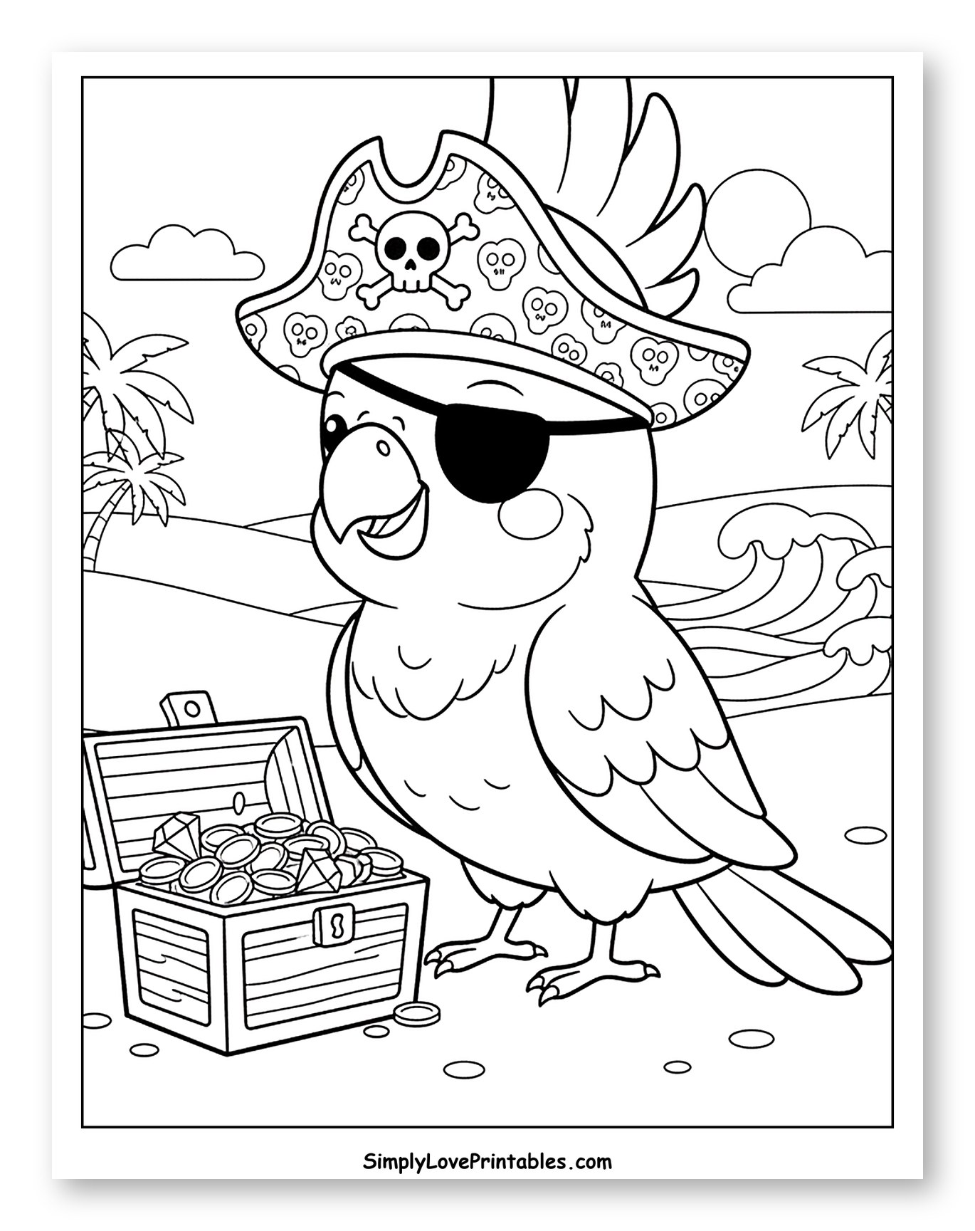 Pirate Cockatoo with Treasure Chest on Beach Coloring Sheet for Kids