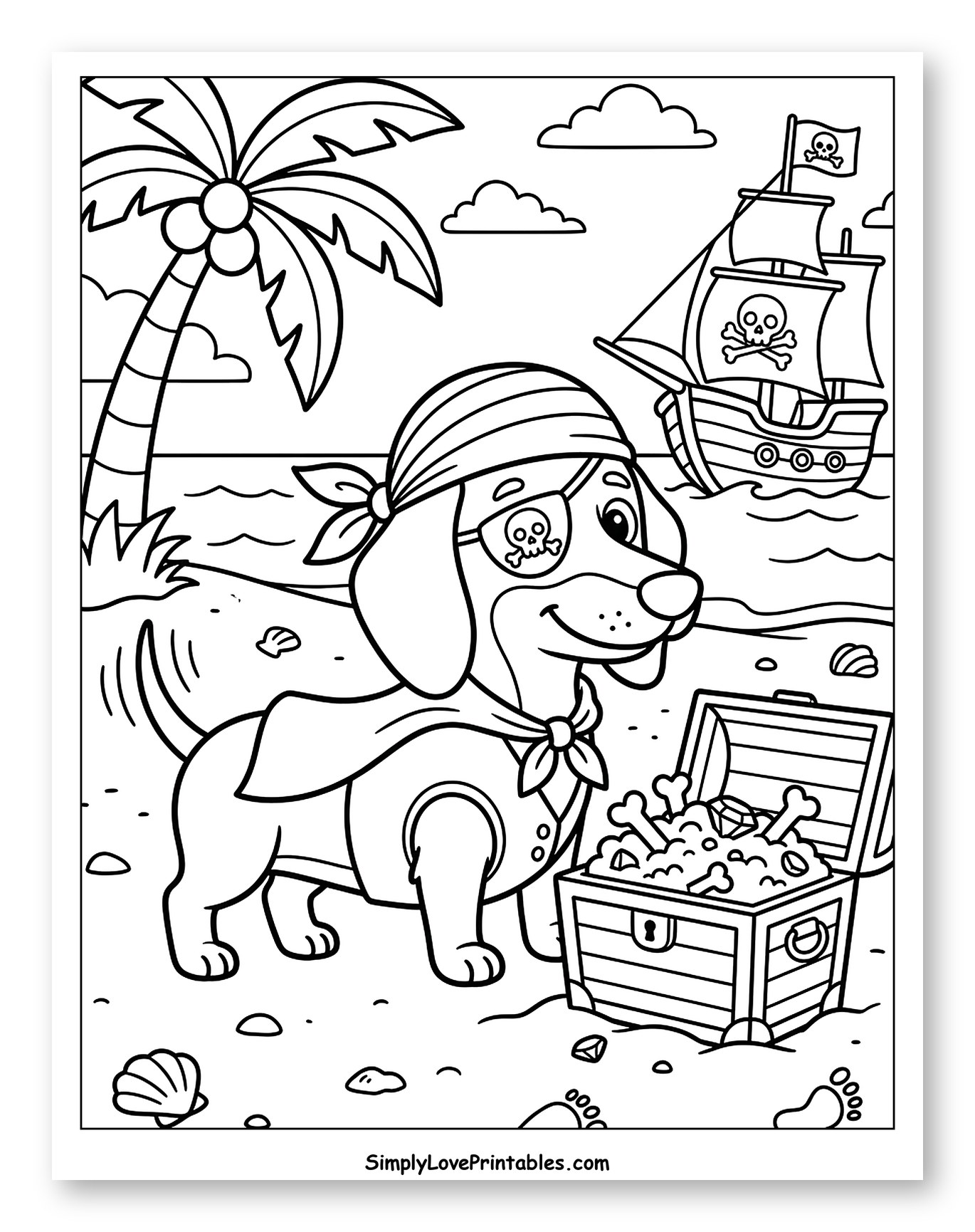 Pirate Dachshund on Beach with Treasure Chest
