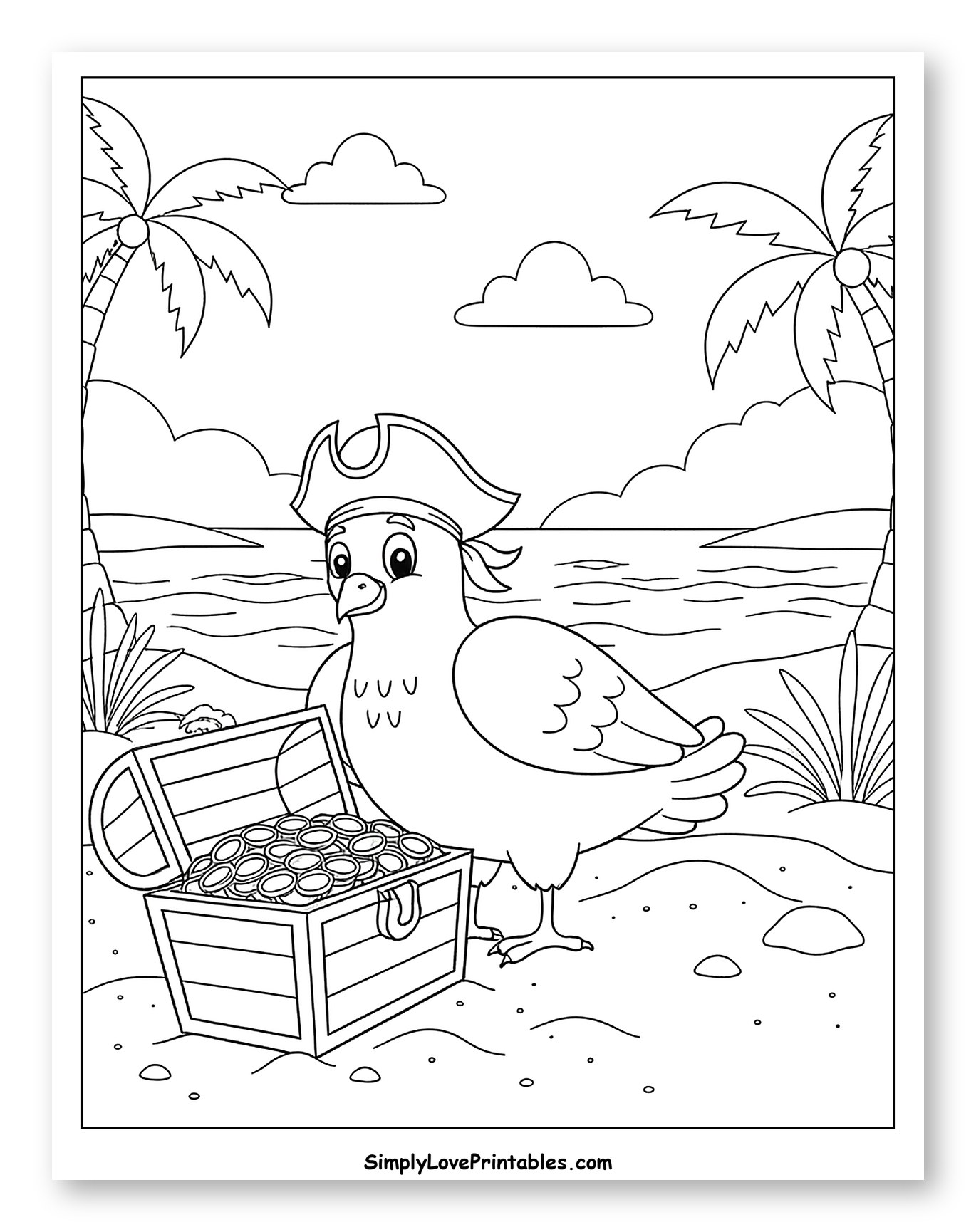 Pirate Dove with Treasure Chest on a Beach
