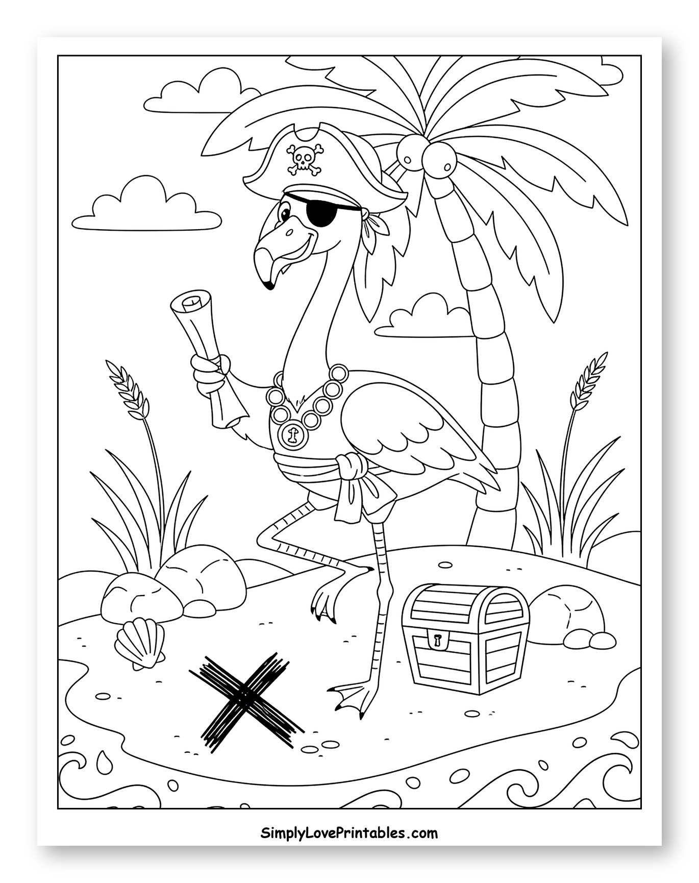 Pirate Flamingo with Map and Treasure Chest Coloring Page for Kids
