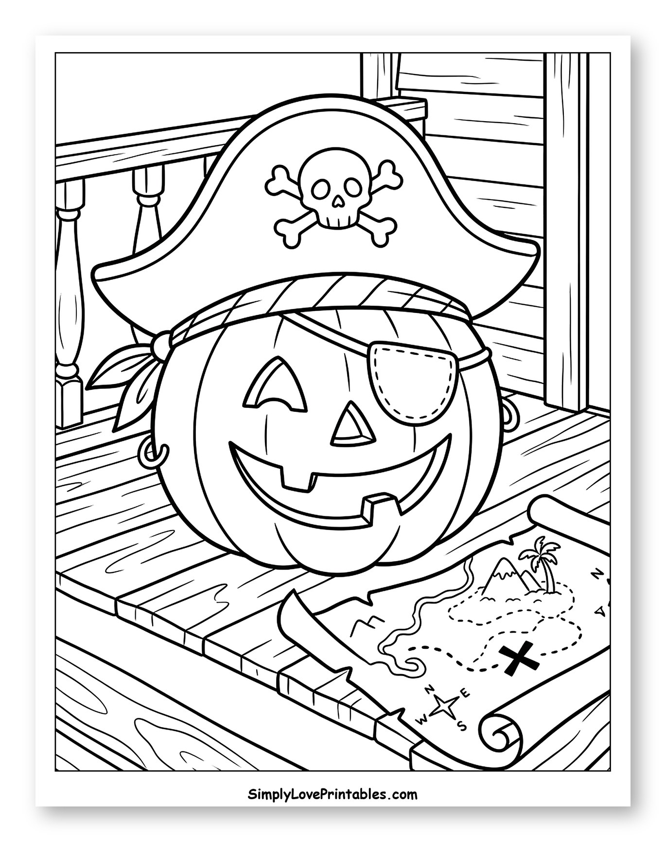 Pirate Jack-o'-lantern with Treasure Map Coloring Page for Kids