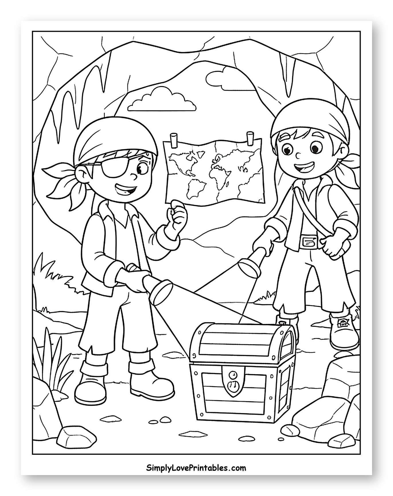 Pirate Kids Discovering a Treasure Chest Coloring Page for Kids