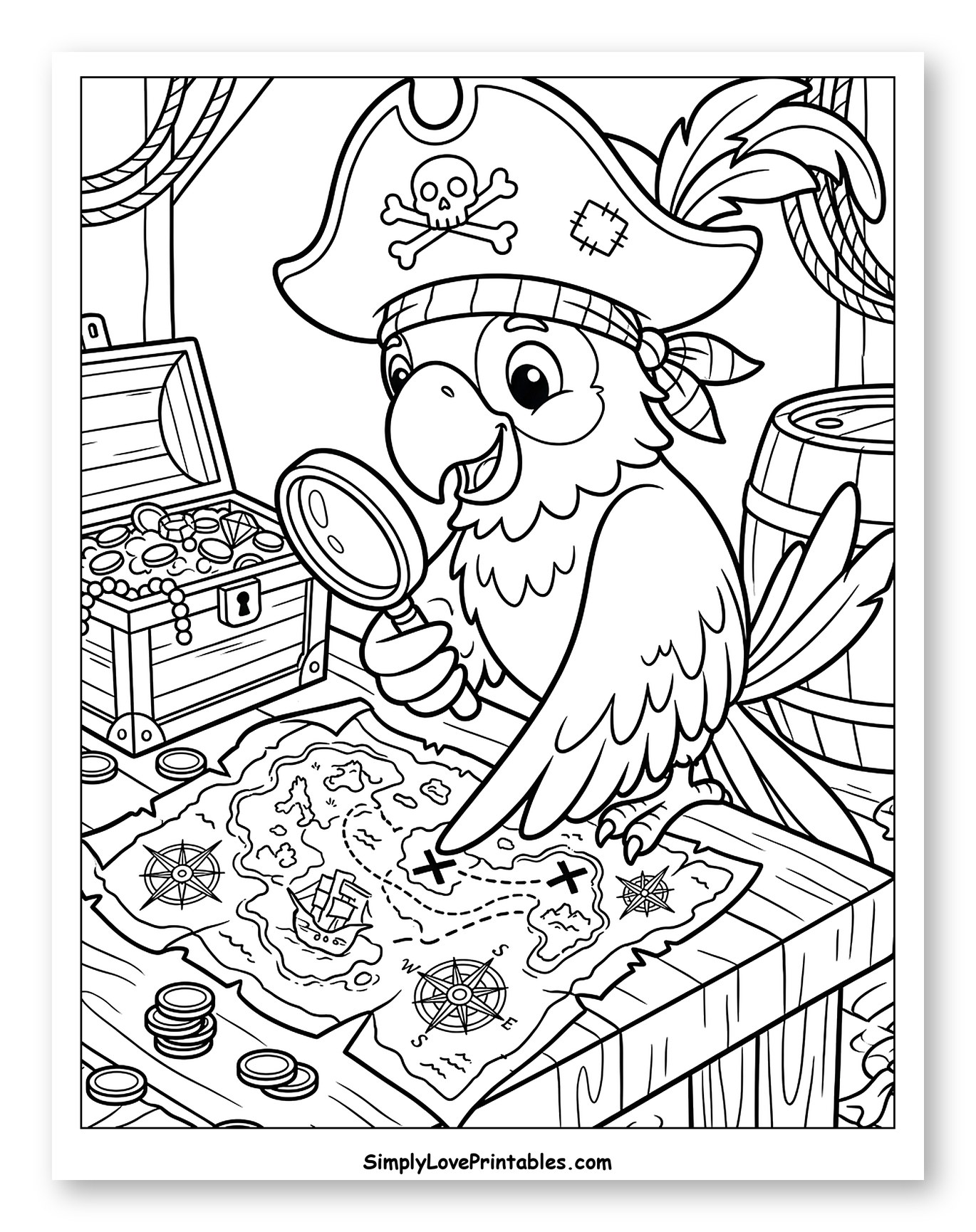 Pirate Parrot Discovering a Treasure Map to Color for Kids