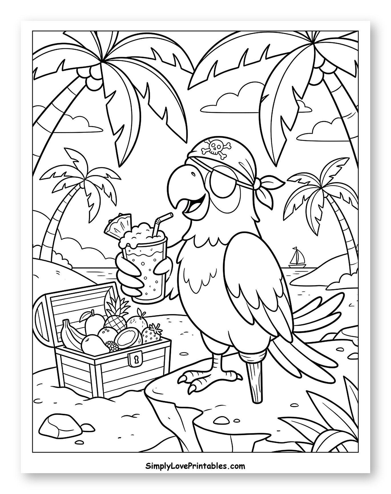 Pirate Parrot Enjoying a Tropical Smoothie Coloring Sheet for Kids