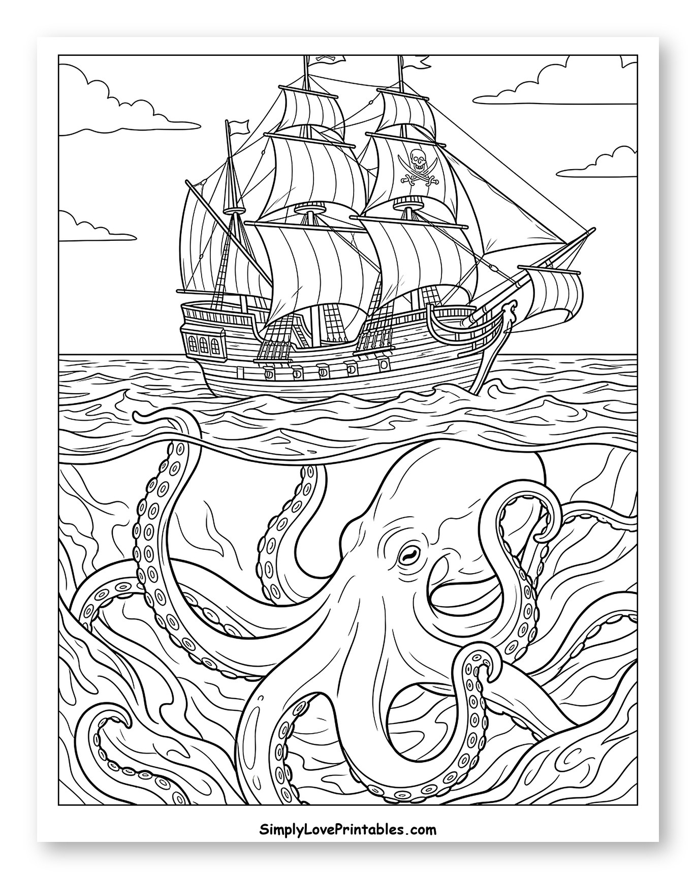 Pirate Ship and Giant Octopus Underwater Coloring Sheet