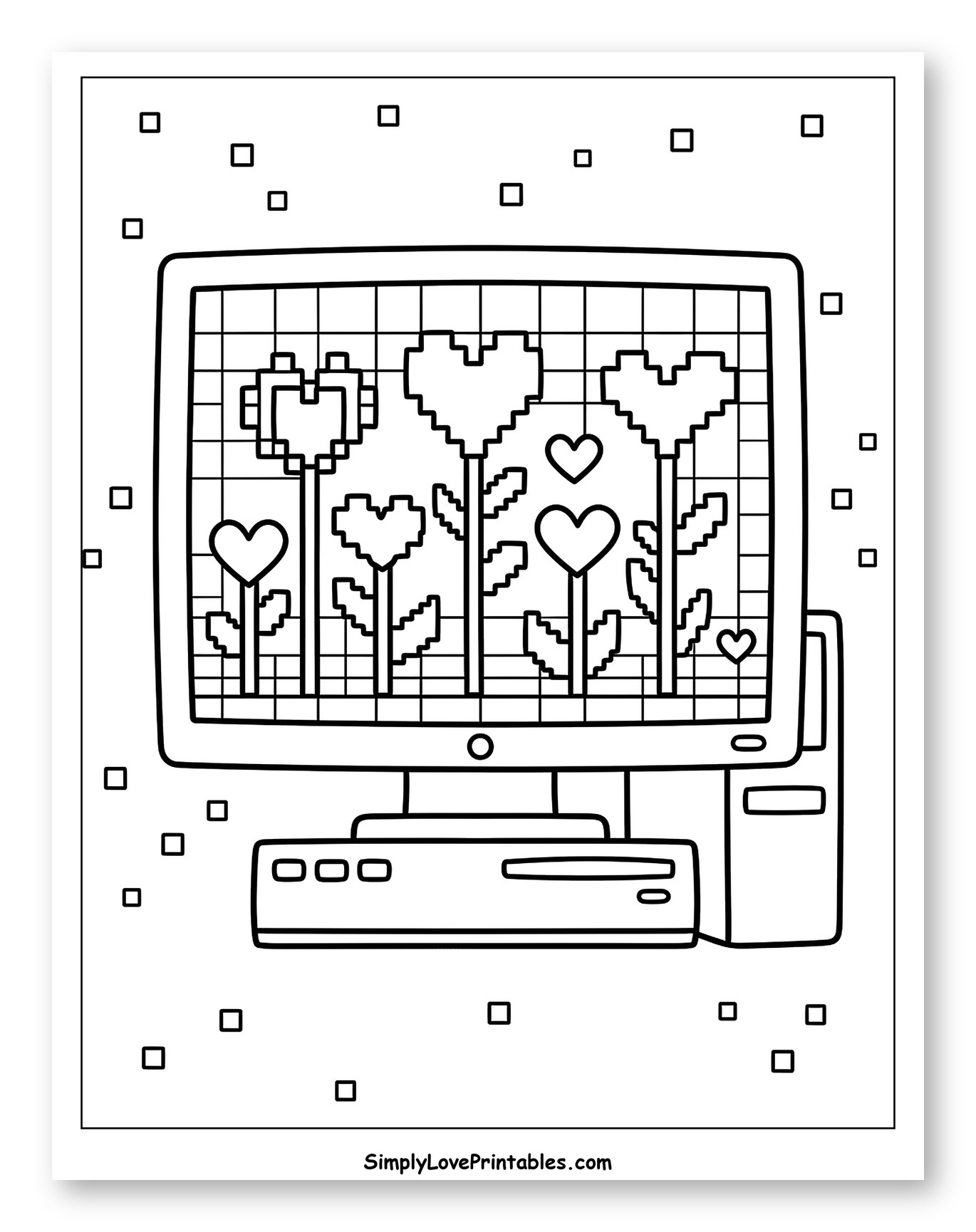 Pixel Art Heart Flowers on Computer Monitor Coloring Sheet for Adults