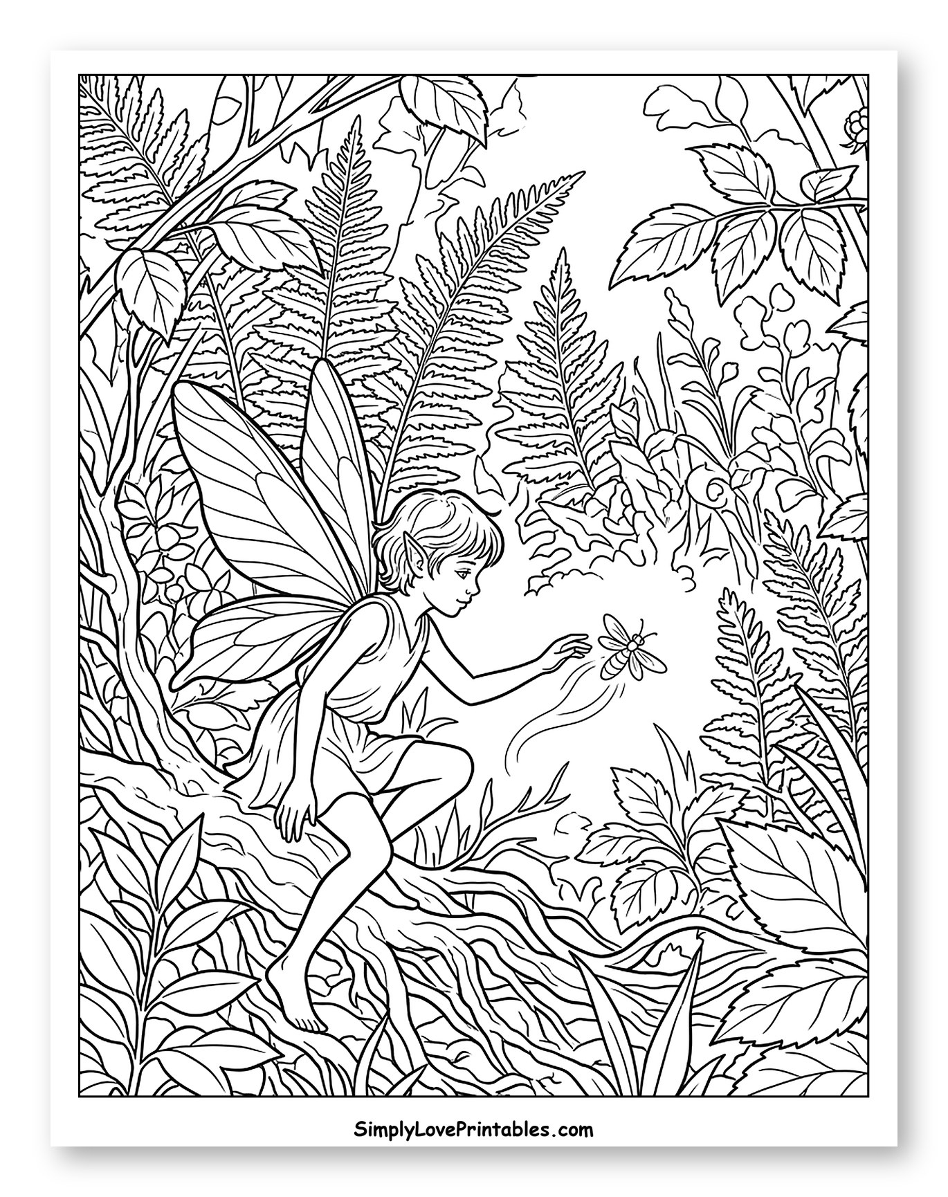 Pixie Child with Wings Reaching for Firefly Coloring Page