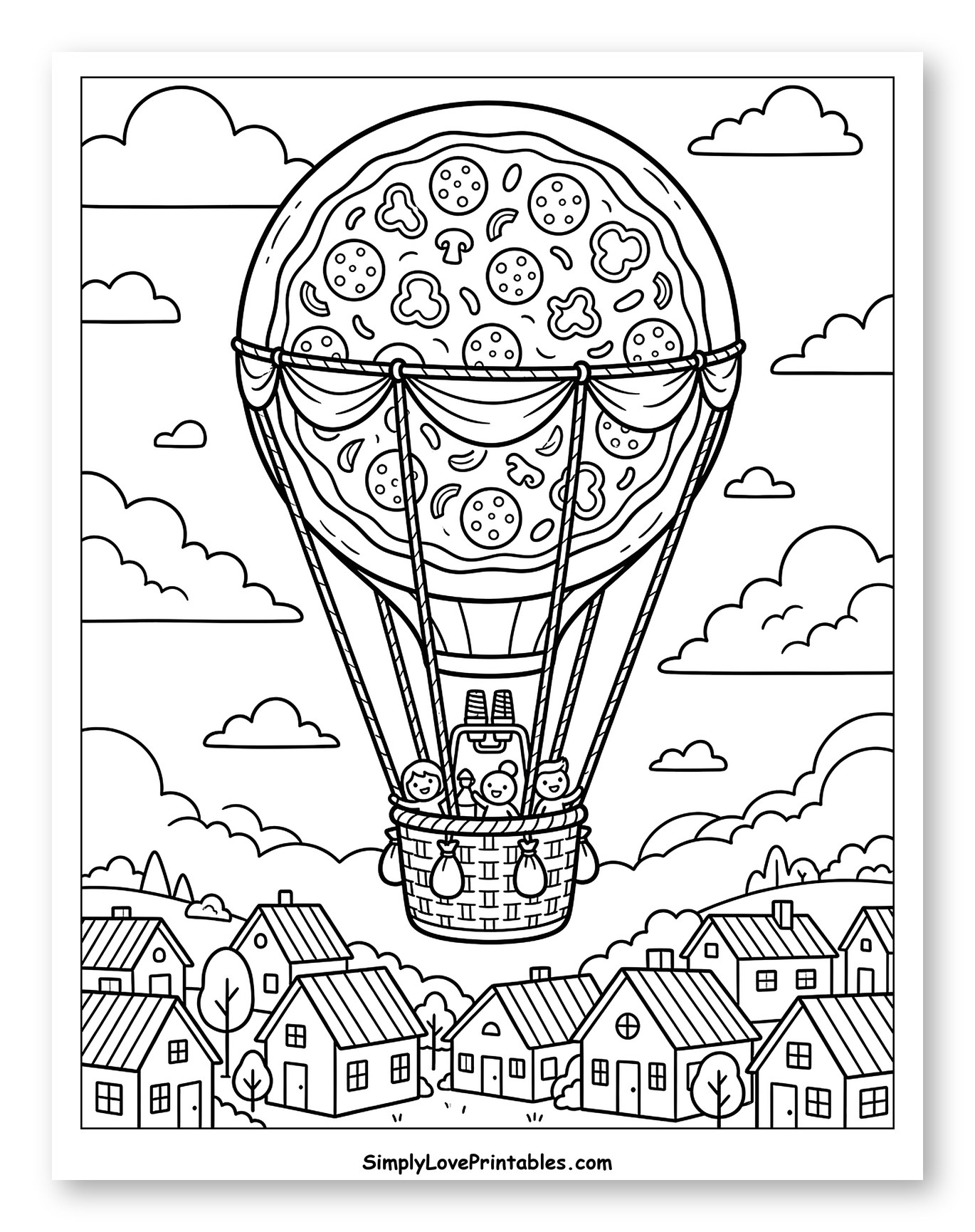 Pizza Hot Air Balloon Flying Over Town