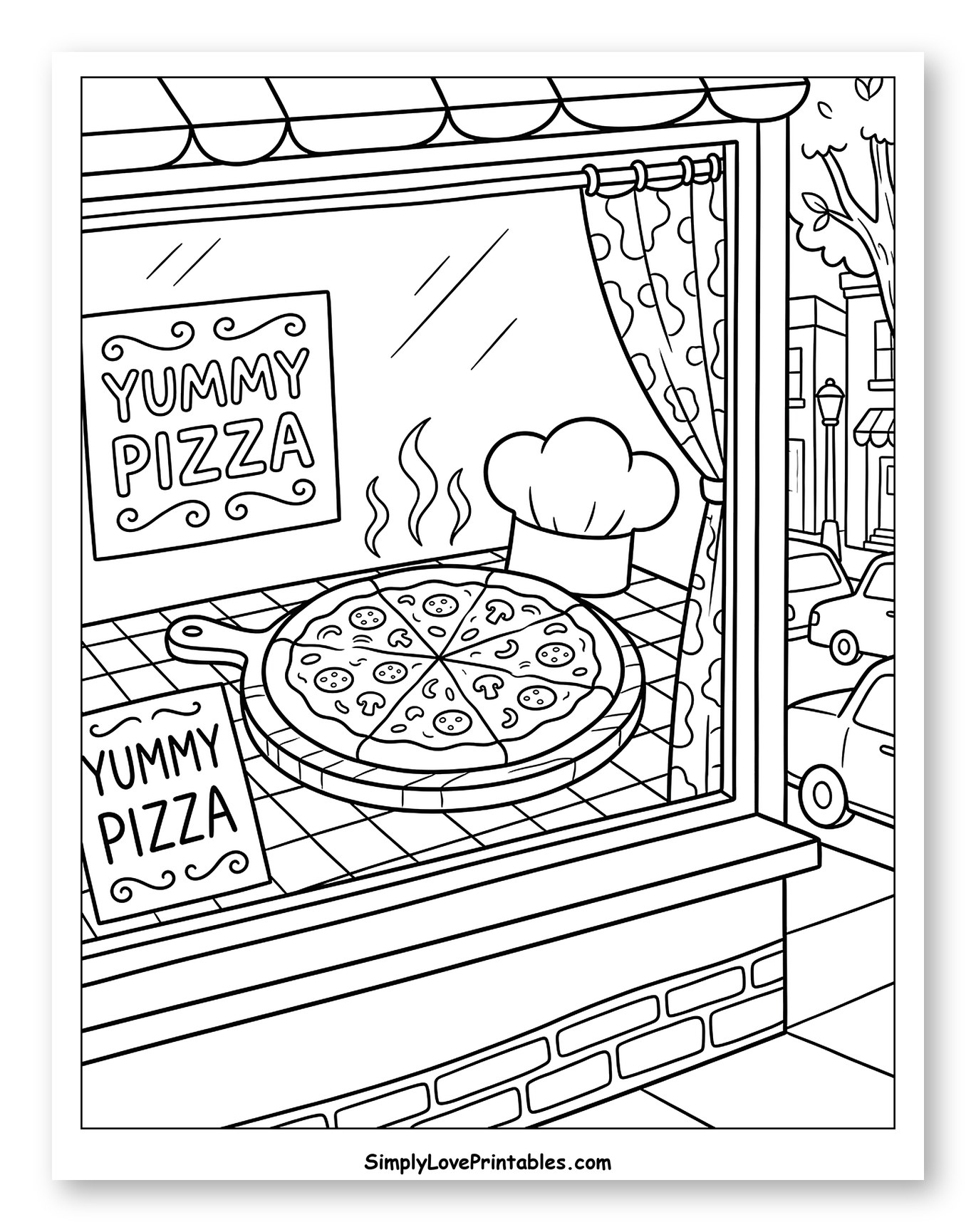 Pizza Shop Window Display with Chef's Hat to Color for Kids