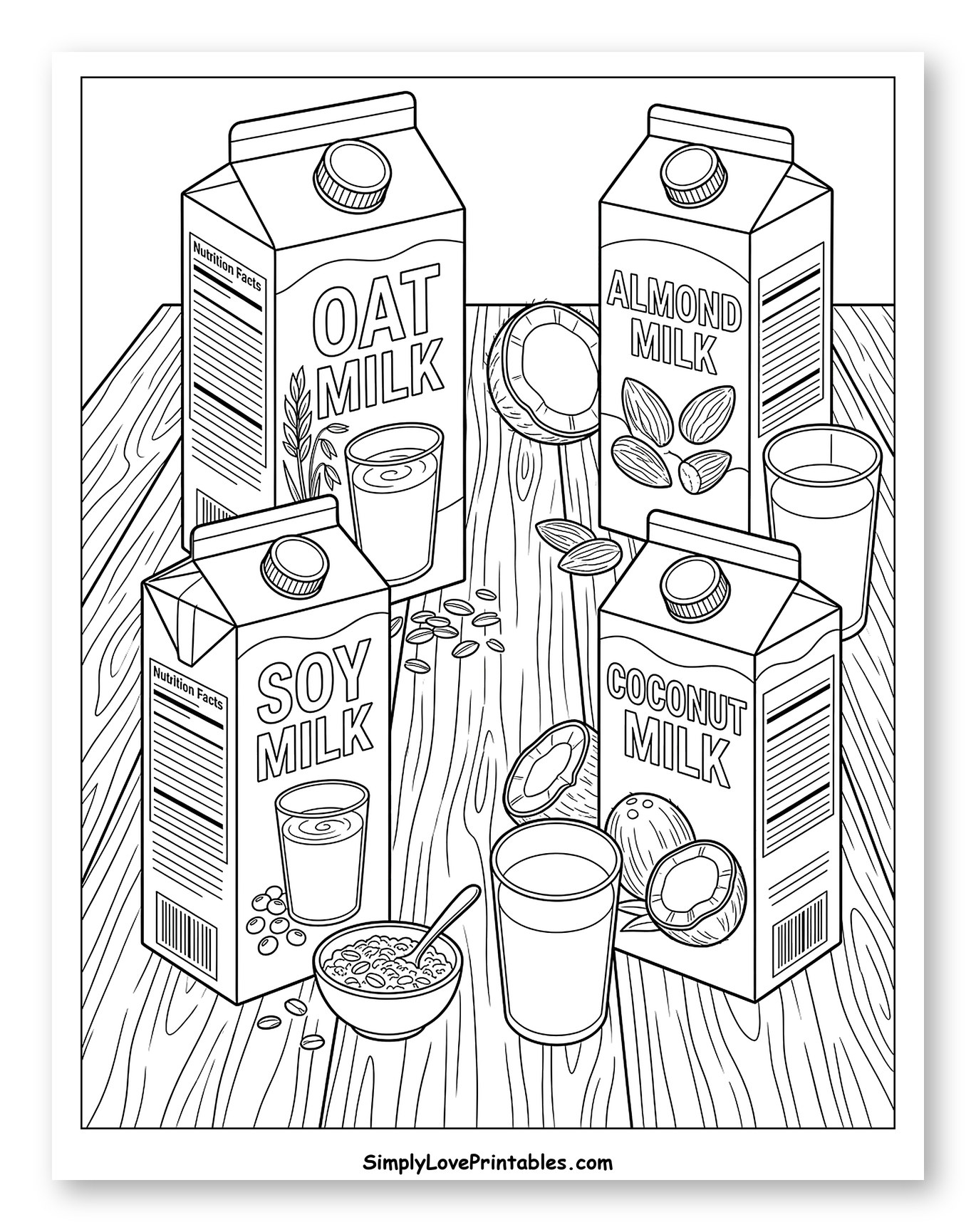 Plant-Based Milks and Ingredients on Wood Table to Color