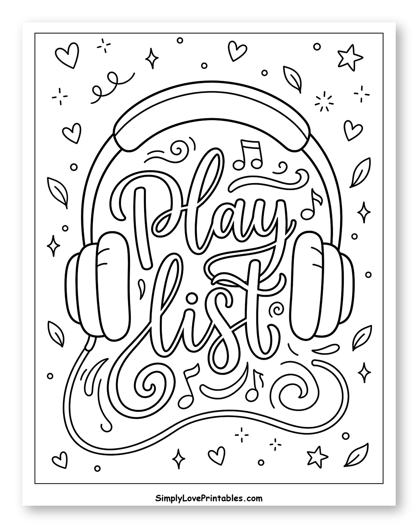 Play List Text with Headphones and Music Notes Coloring Page for Adults