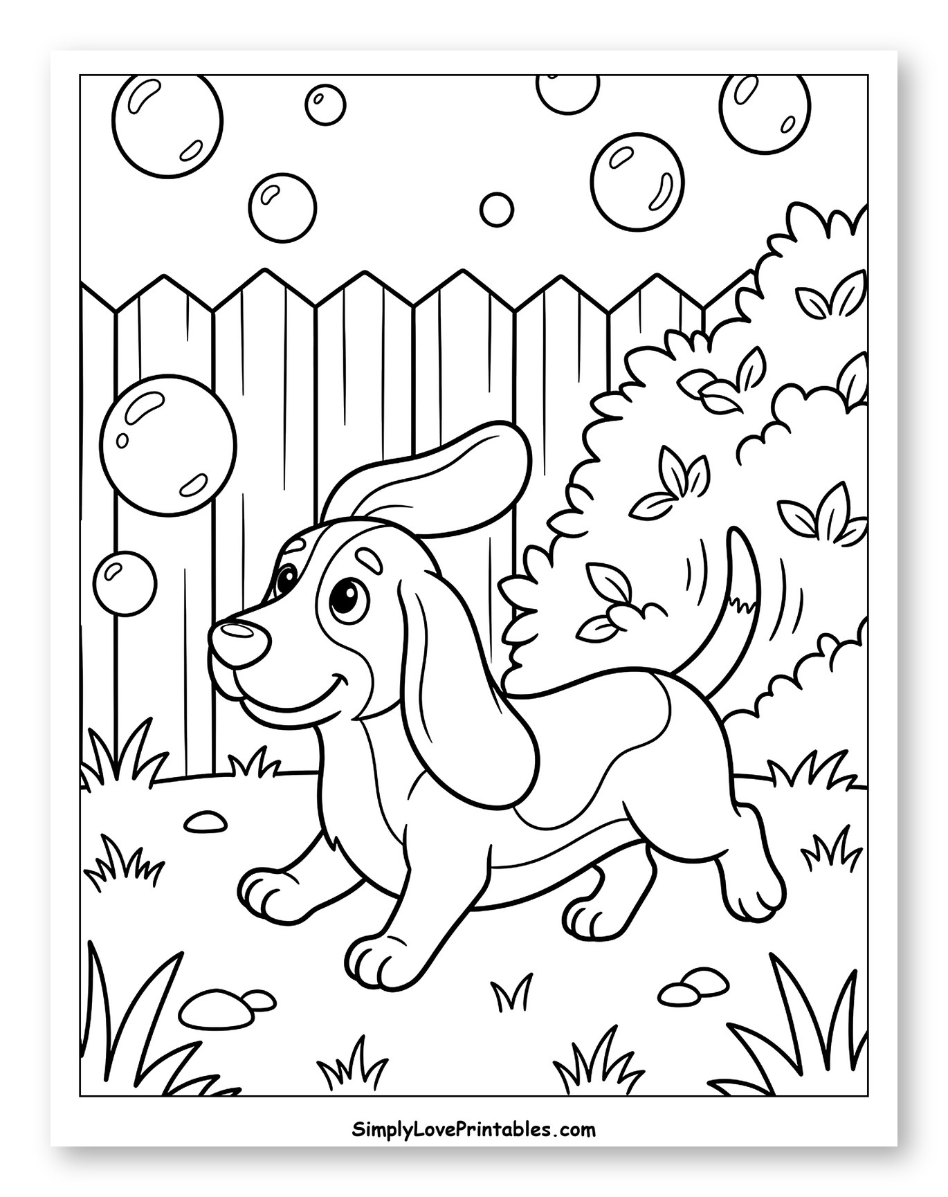Playful Basset Hound Chasing Bubbles in Yard Coloring Sheet for Kids