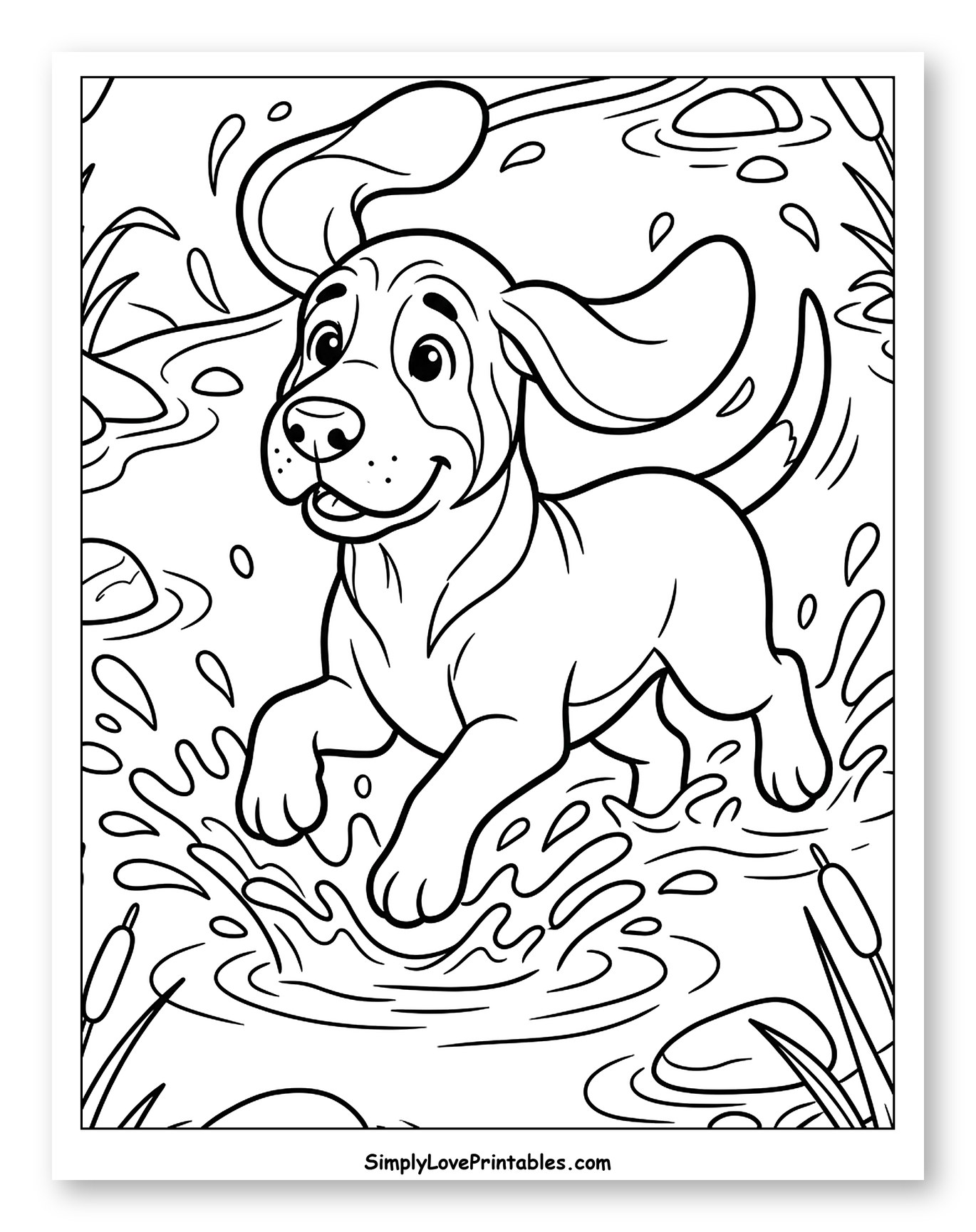 Playful Bloodhound Puppy Splashing in a Stream Coloring Sheet for Kids