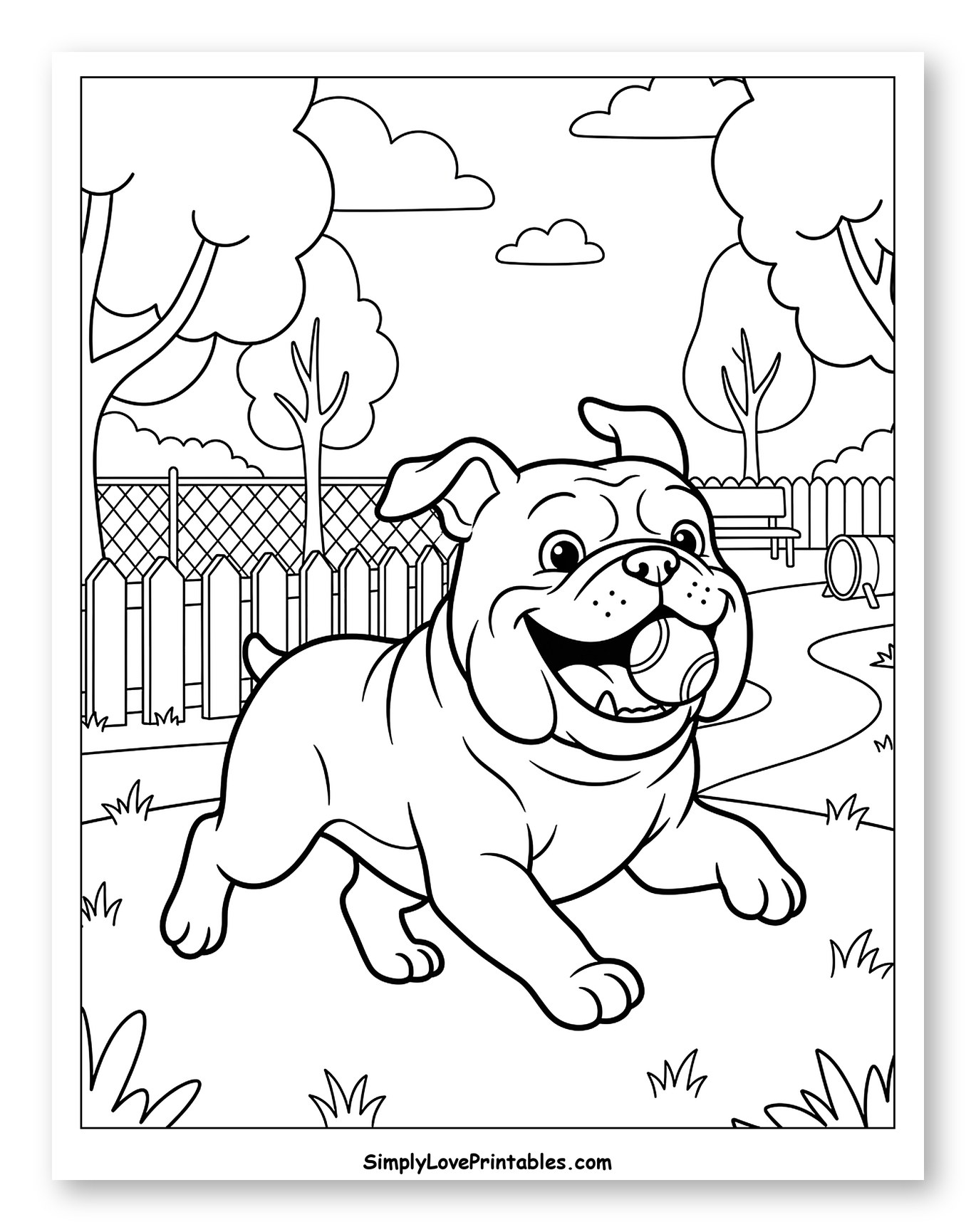 Playful Bulldog Running with Ball in Park