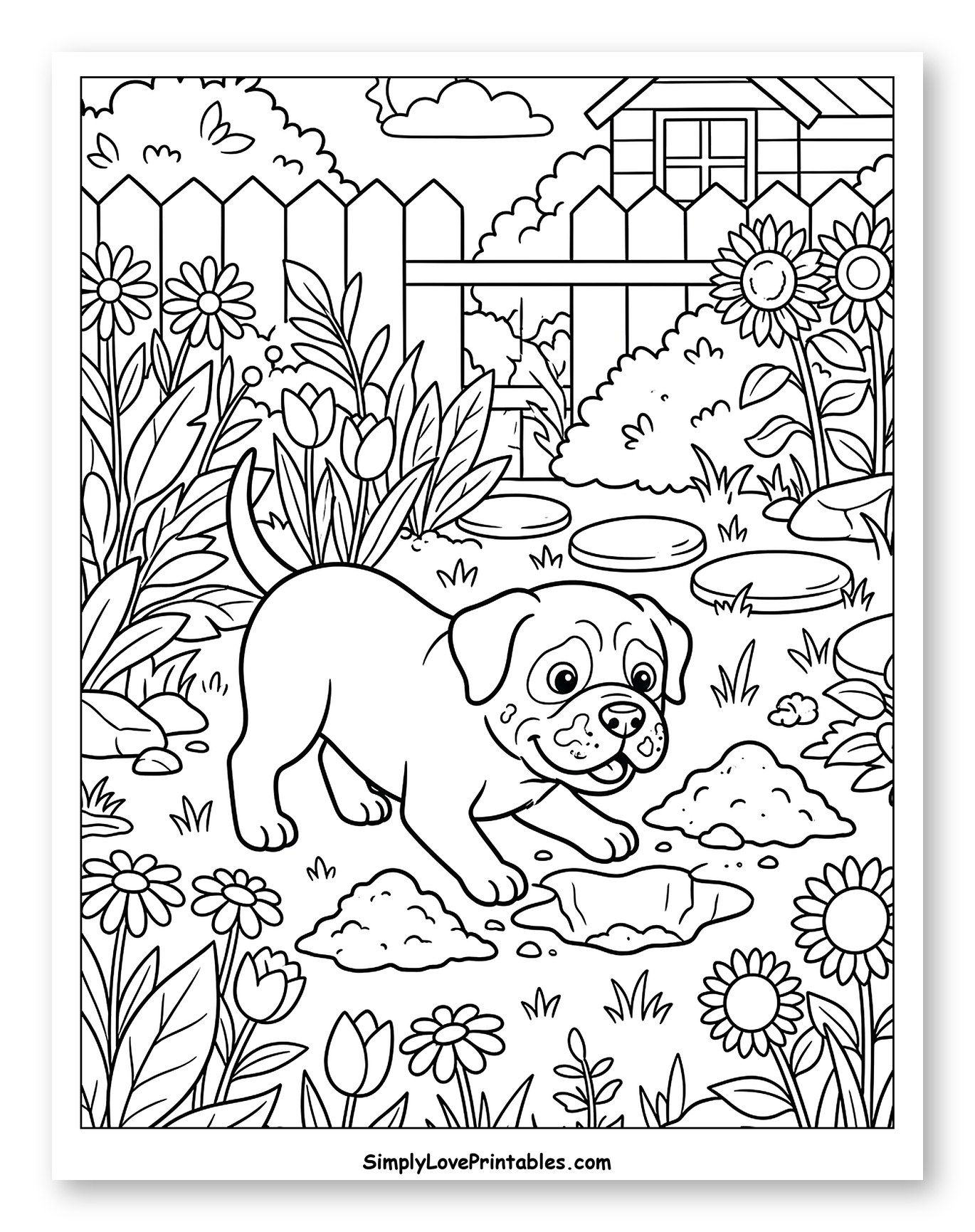 Playful Bullmastiff Puppy Digging in Garden to Color for Kids
