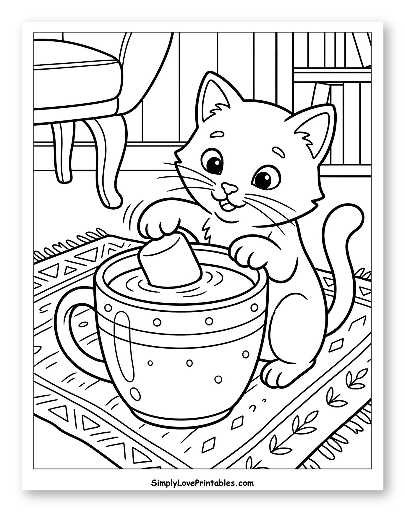 Playful Cat Adding Marshmallow to Hot Chocolate Coloring Sheet for Kids