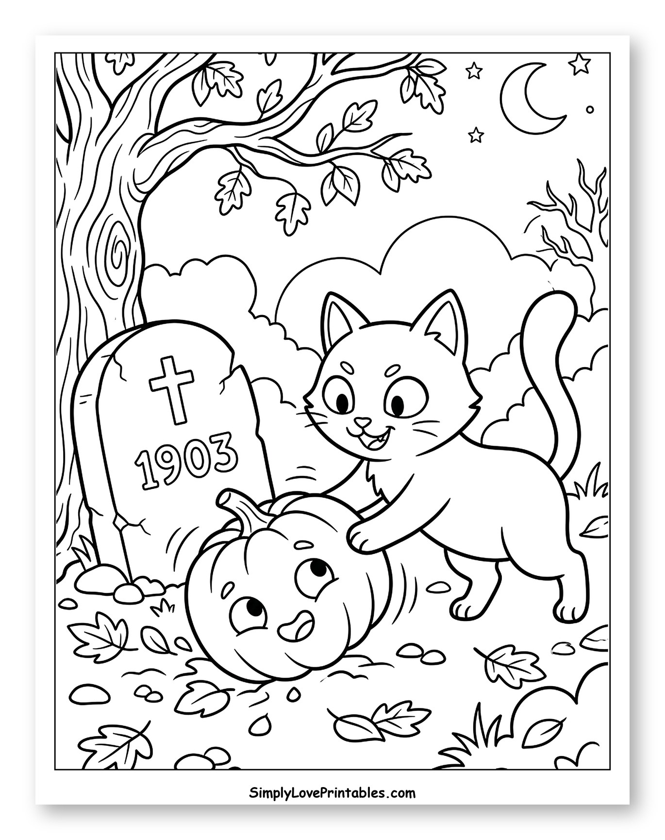 Playful Cat and Pumpkin by a Gravestone