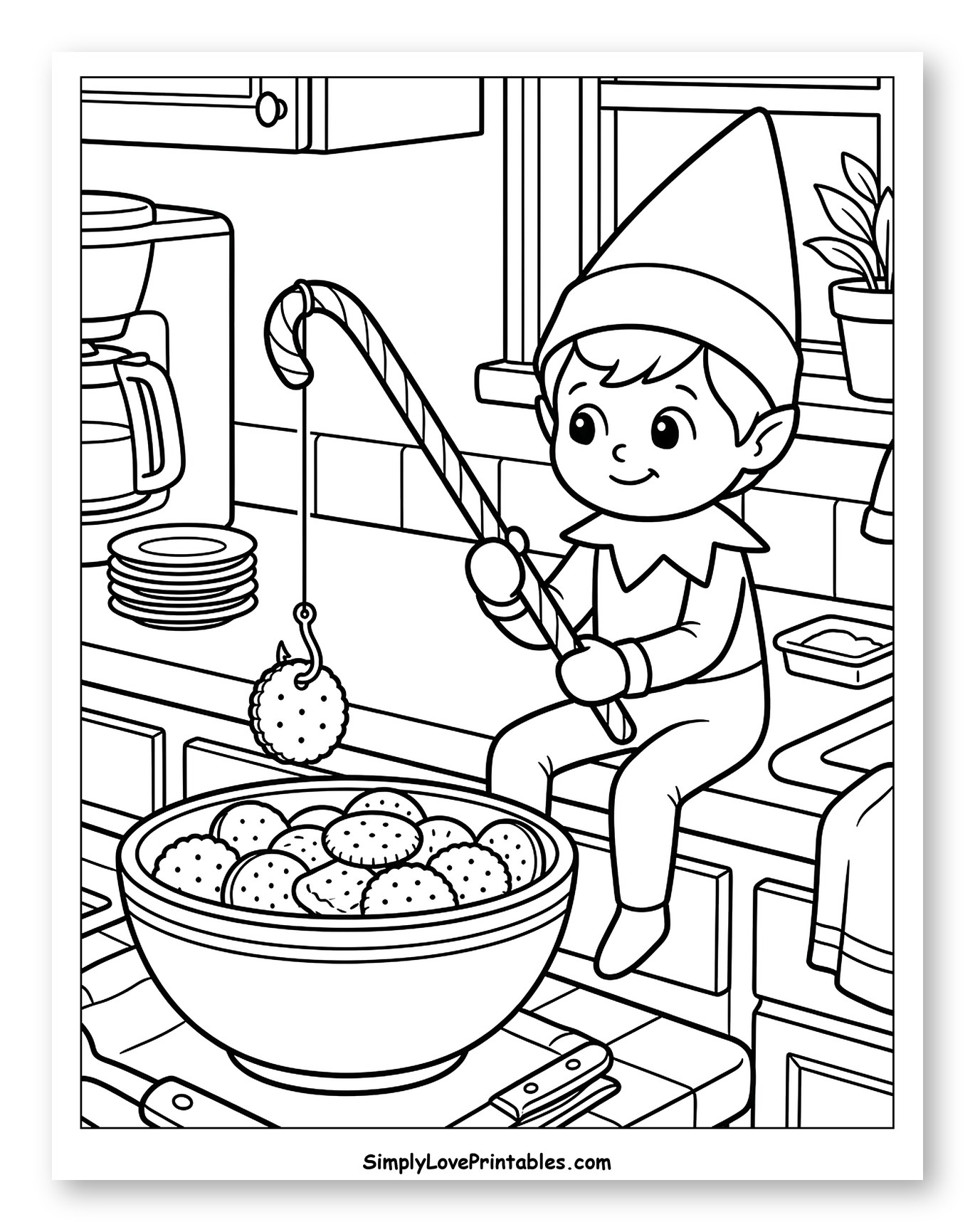 Playful Christmas Elf Fishing for Cookies to Color for Kids