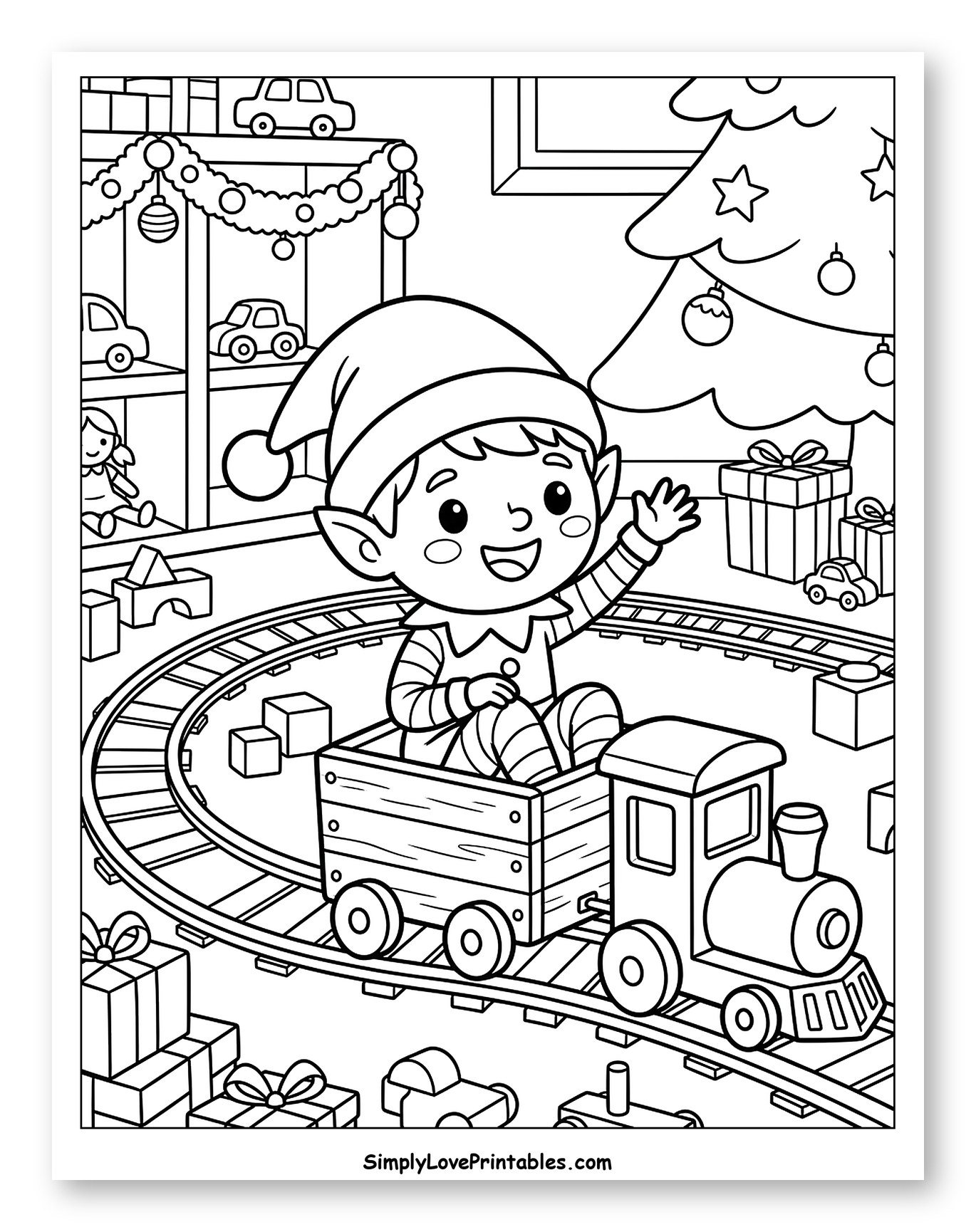 Playful Christmas Elf Riding a Toy Train Coloring Page for Kids