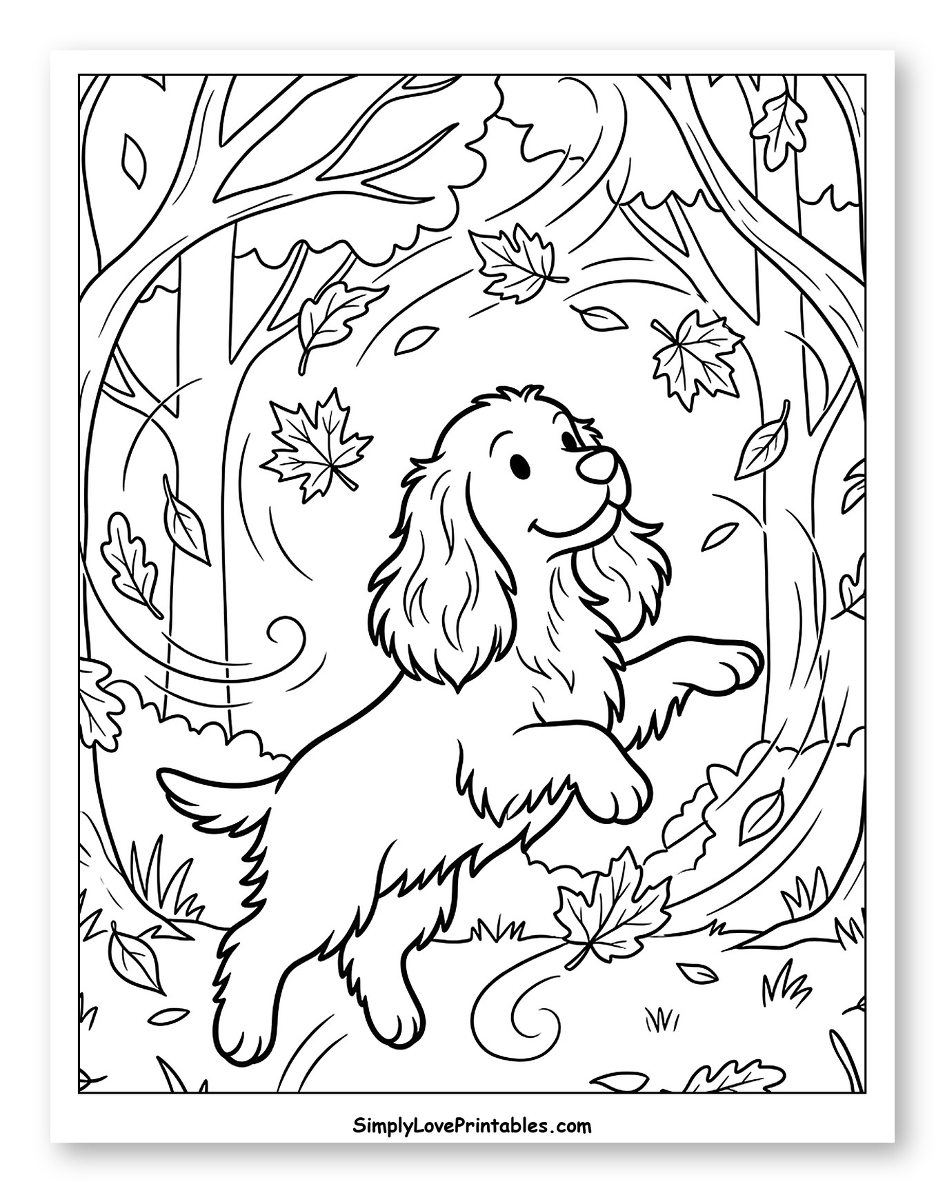 Playful Cocker Spaniel in a Swirling Autumn Forest to Color for Kids