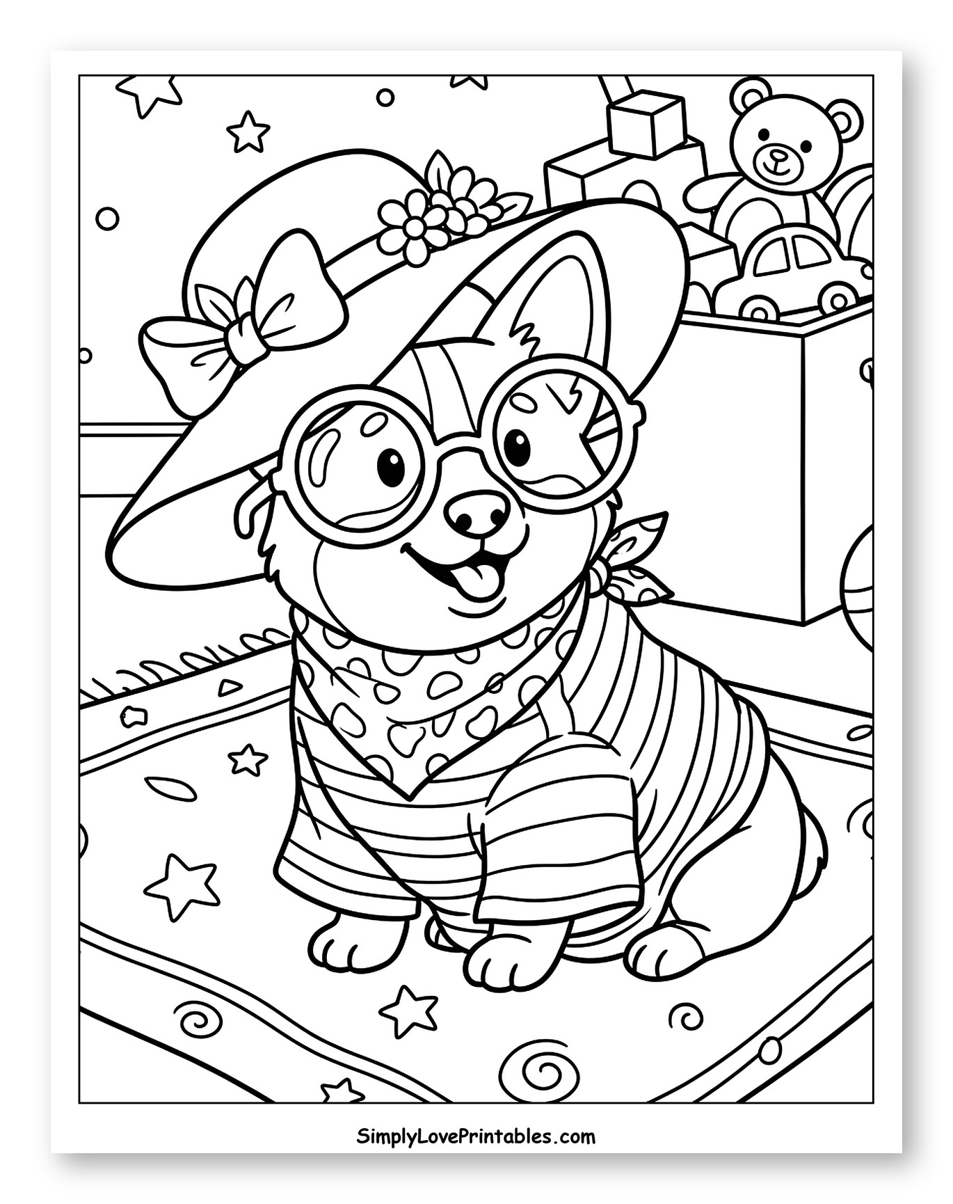 Playful Corgi Dressed Up by Toy Box Coloring Page for Kids