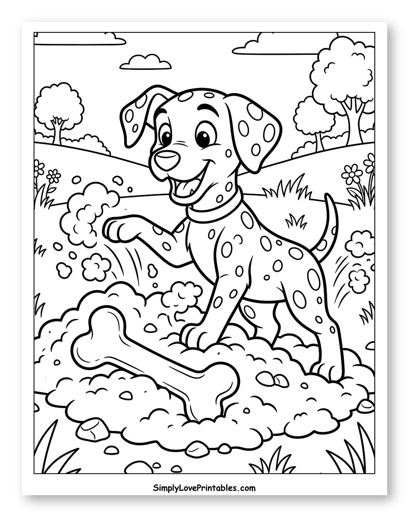 Playful Dalmatian Digging for a Buried Bone to Color for Kids
