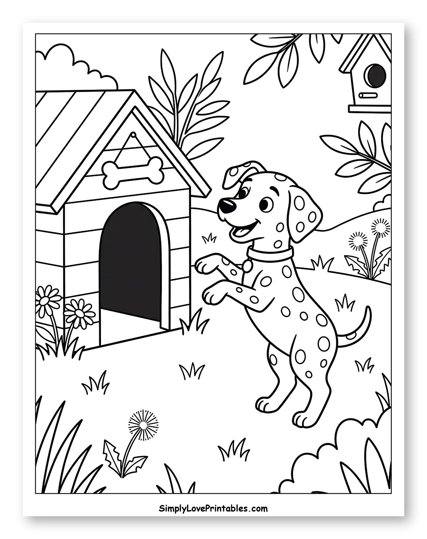 Playful Dalmatian in a Garden Coloring Sheet for Kids