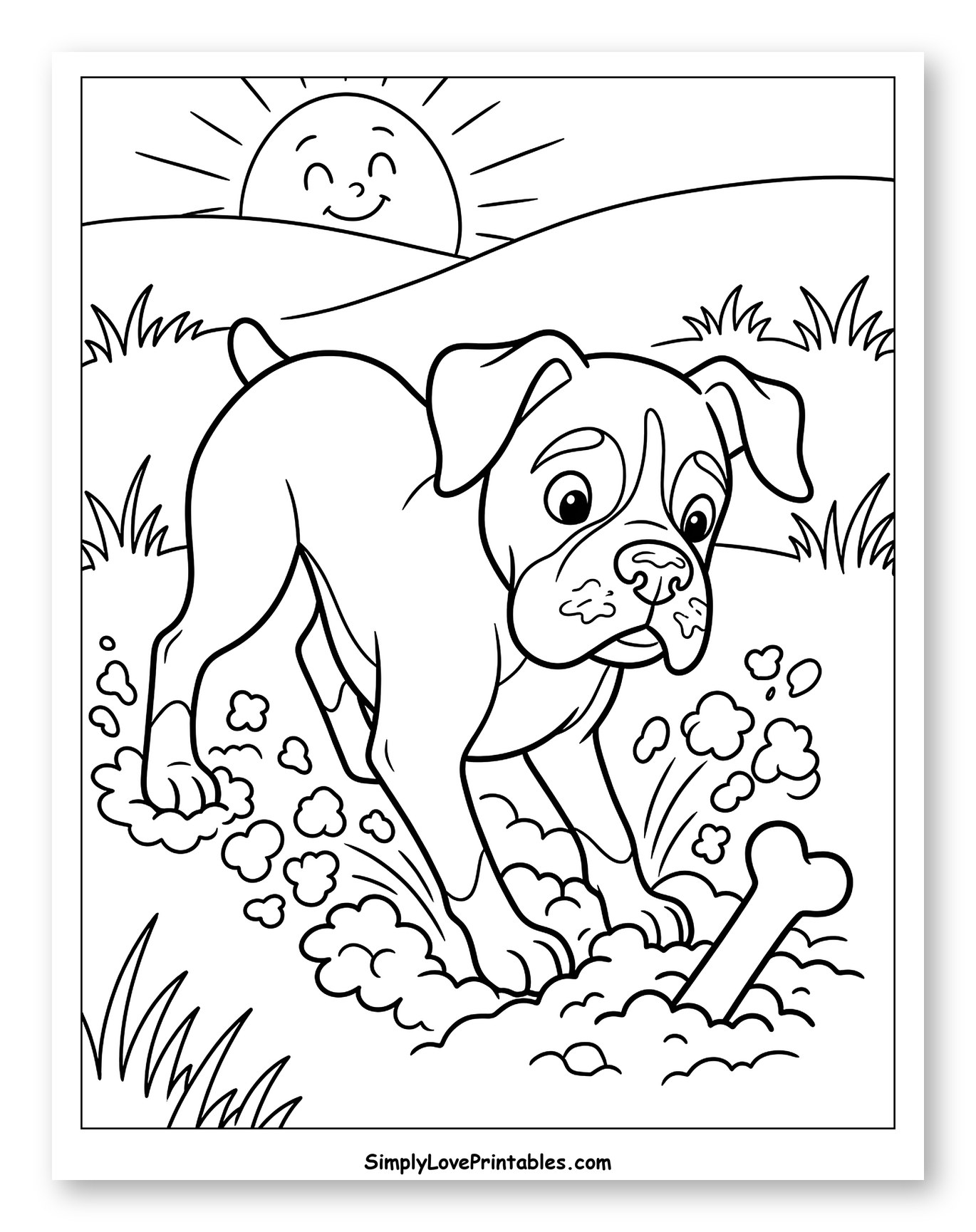 Playful Dog Digging Up a Bone to Color for Kids