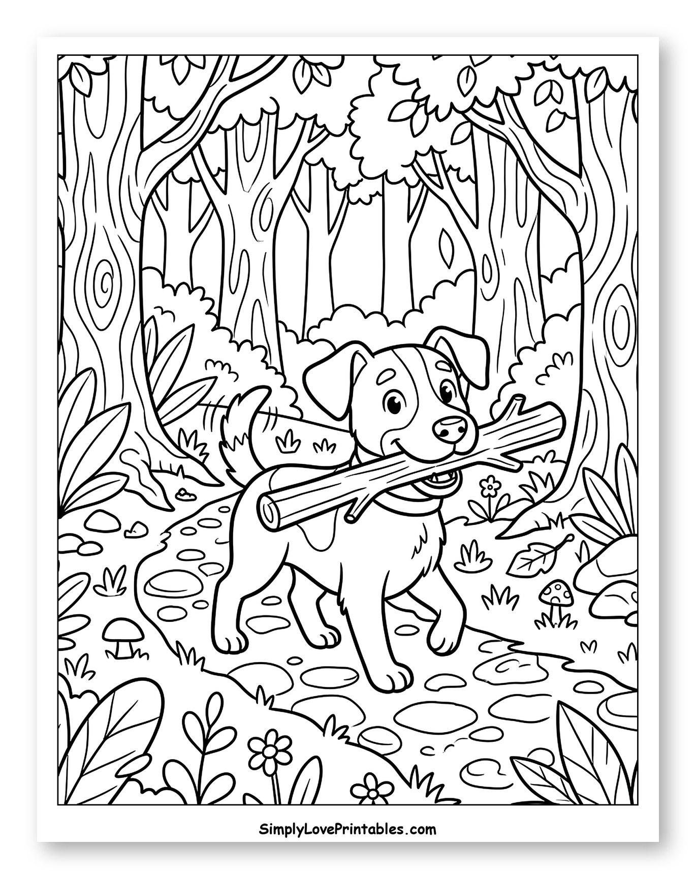 Playful Dog with Stick in Forest Path