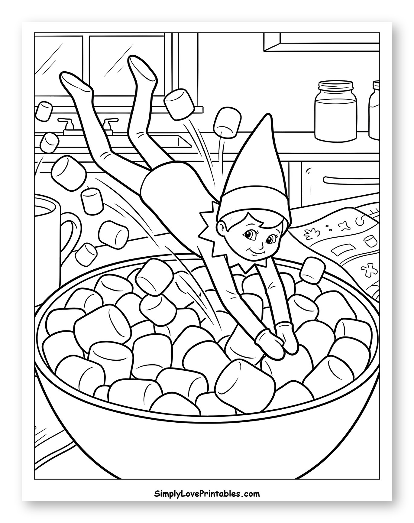 Playful Elf Diving into a Bowl of Marshmallows