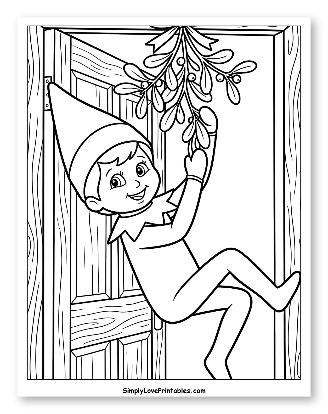 Playful Elf Hanging from Christmas Mistletoe