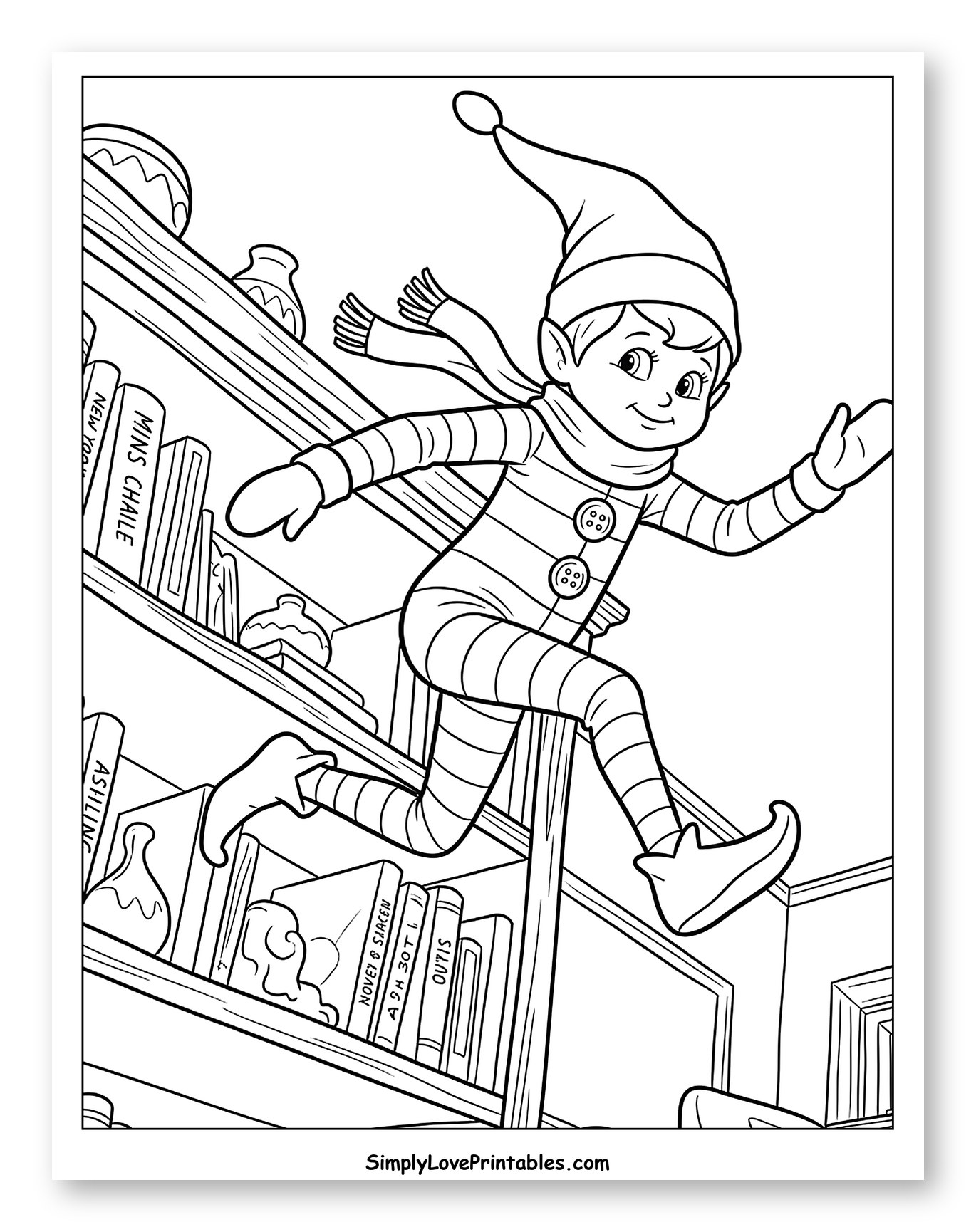Playful Elf Leaping Past a Bookshelf to Color