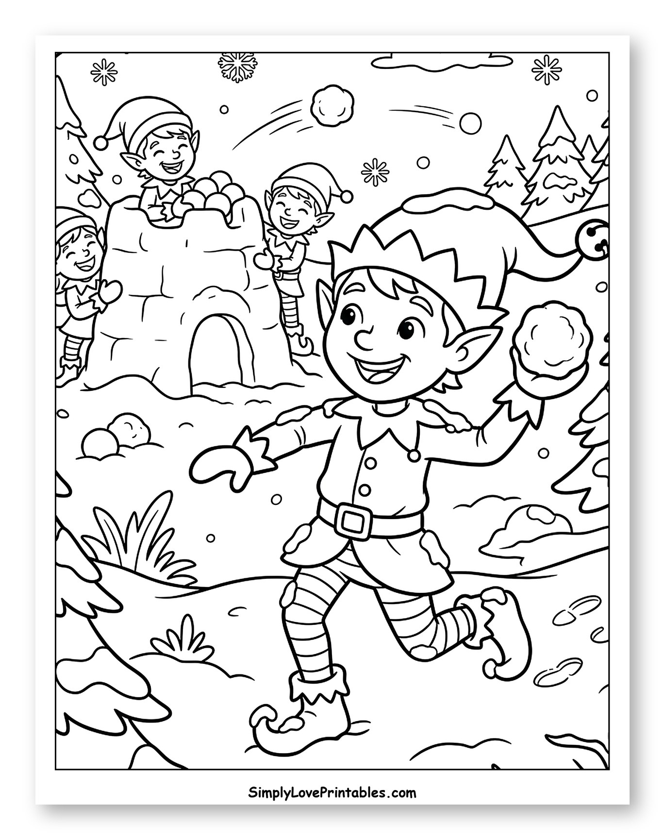 Playful Elves Having a Winter Snowball Fight Coloring Page for Kids