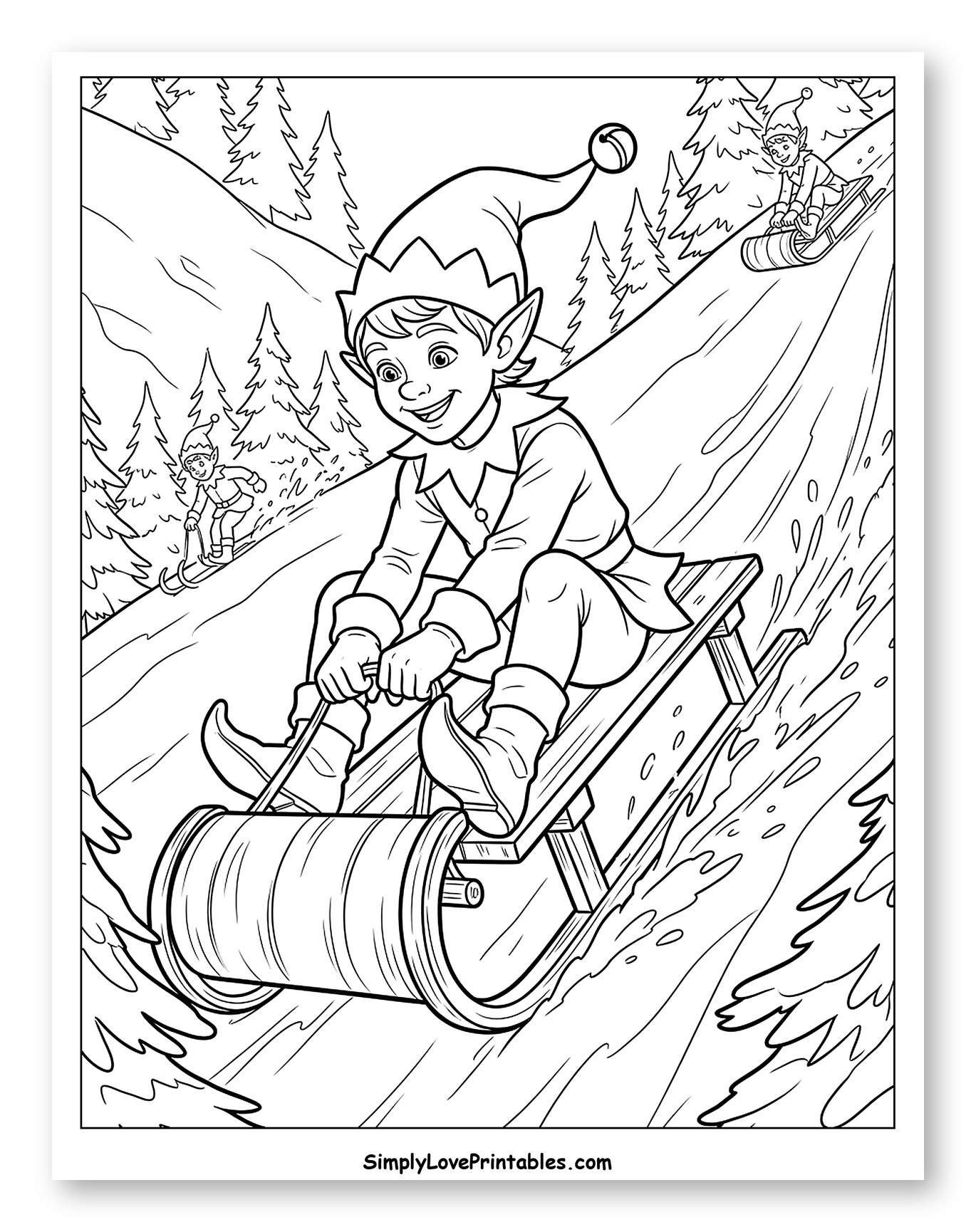 Playful Elves Sledding Down a Snowy Hill to Color