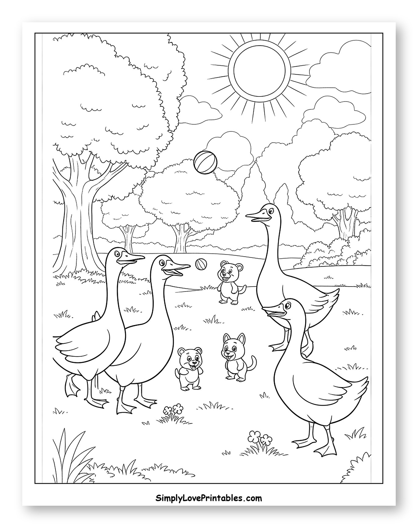 Playful Geese with Bear and Puppy Friends