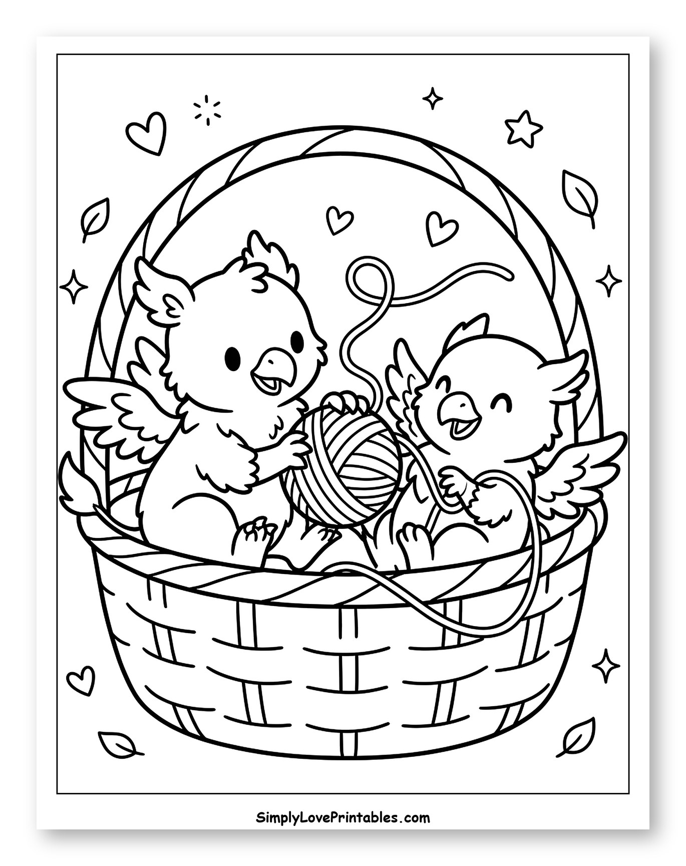 Playful Griffin Chicks with Yarn in Basket Coloring Sheet for Adults