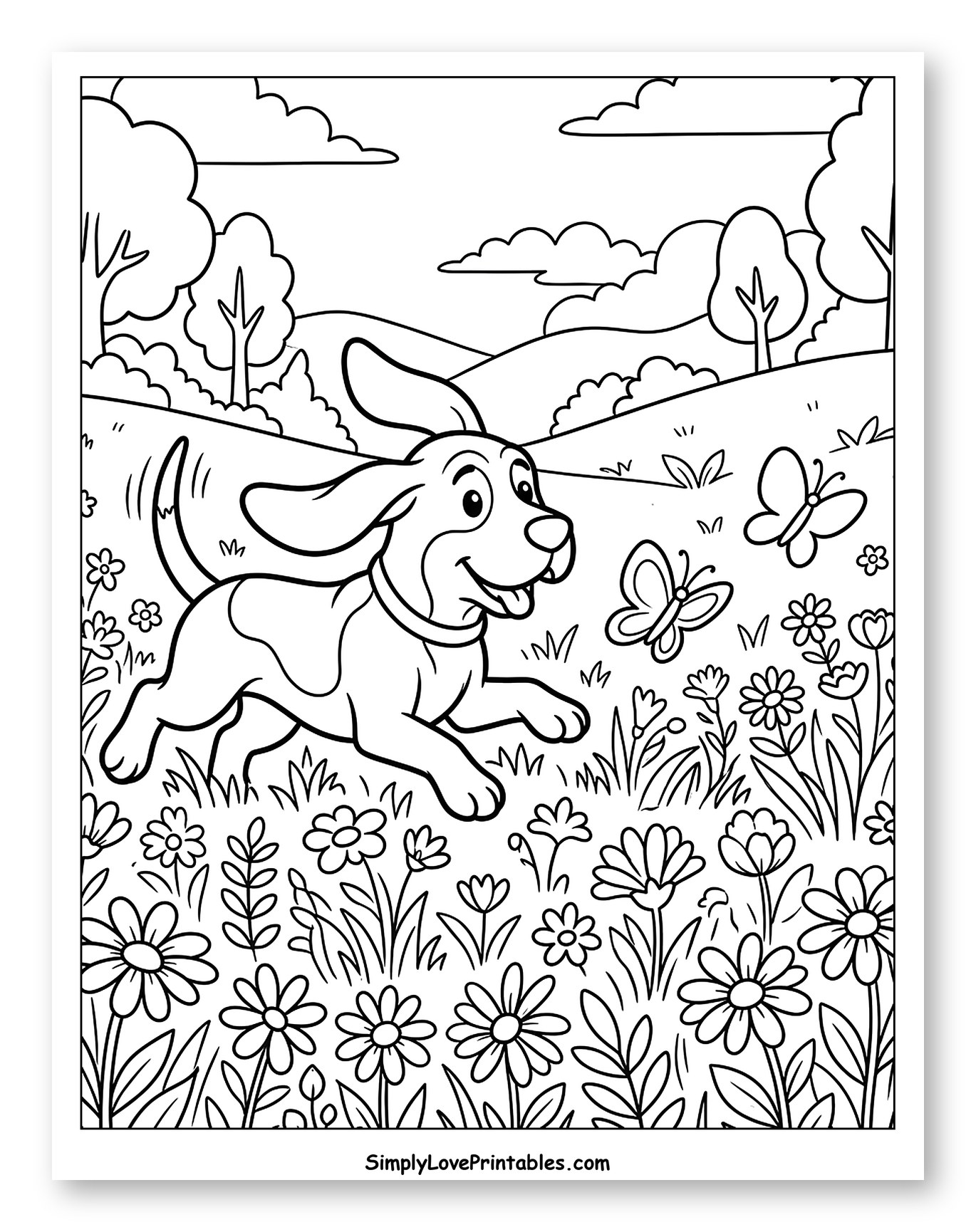 Playful Hound Running in a Flowery Meadow Coloring Sheet for Kids