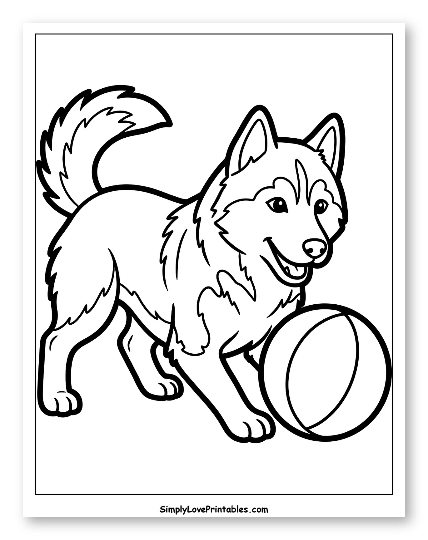Playful Husky Dog with a Ball Coloring Sheet for Toddlers