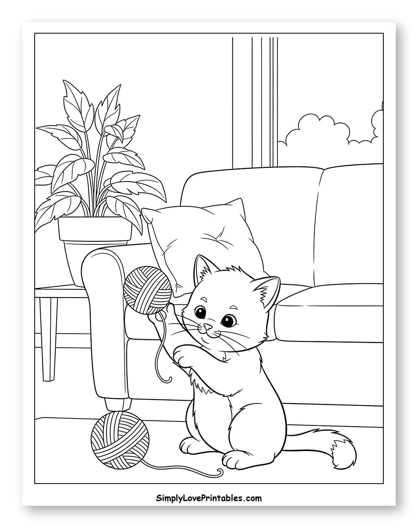 Playful Kitten Playing with Yarn by Sofa
