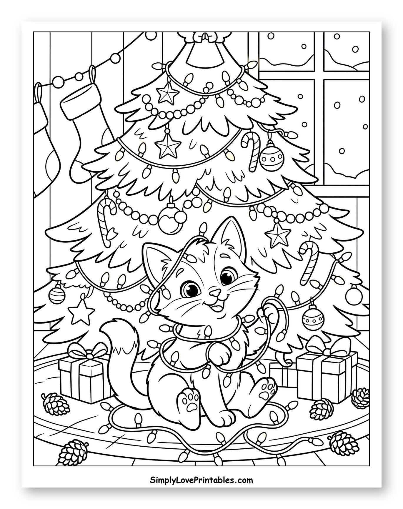 Playful Kitten Tangled in Christmas Lights Coloring Sheet for Kids