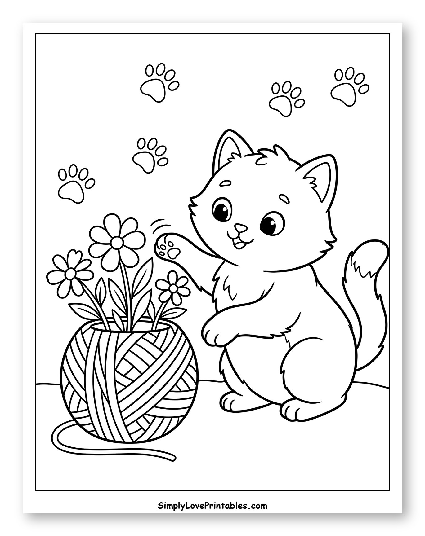 Playful Kitten with Flowers in Yarn Pot