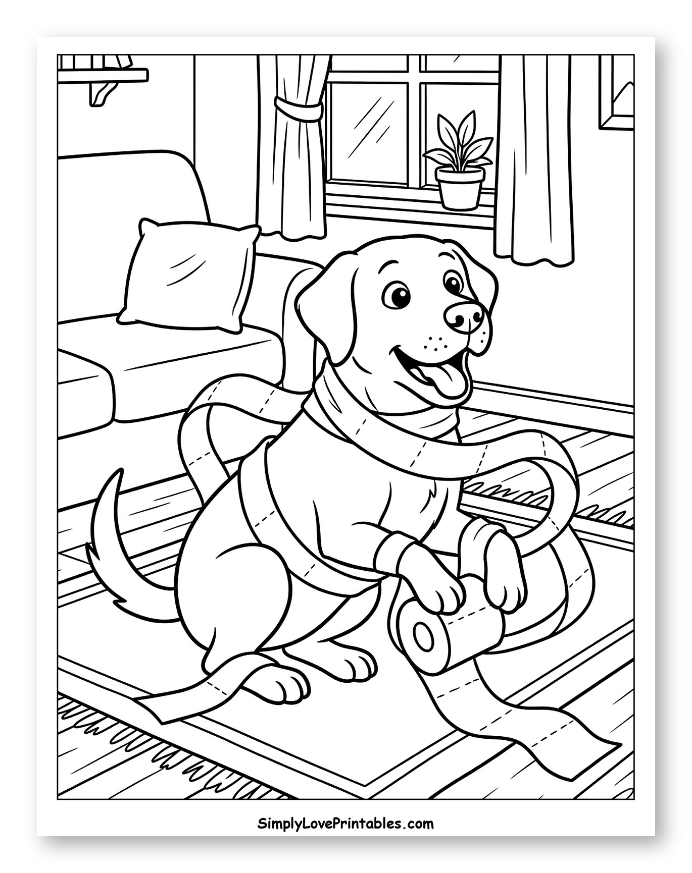 Playful Labrador Dog with Toilet Paper Mess Coloring Sheet for Kids