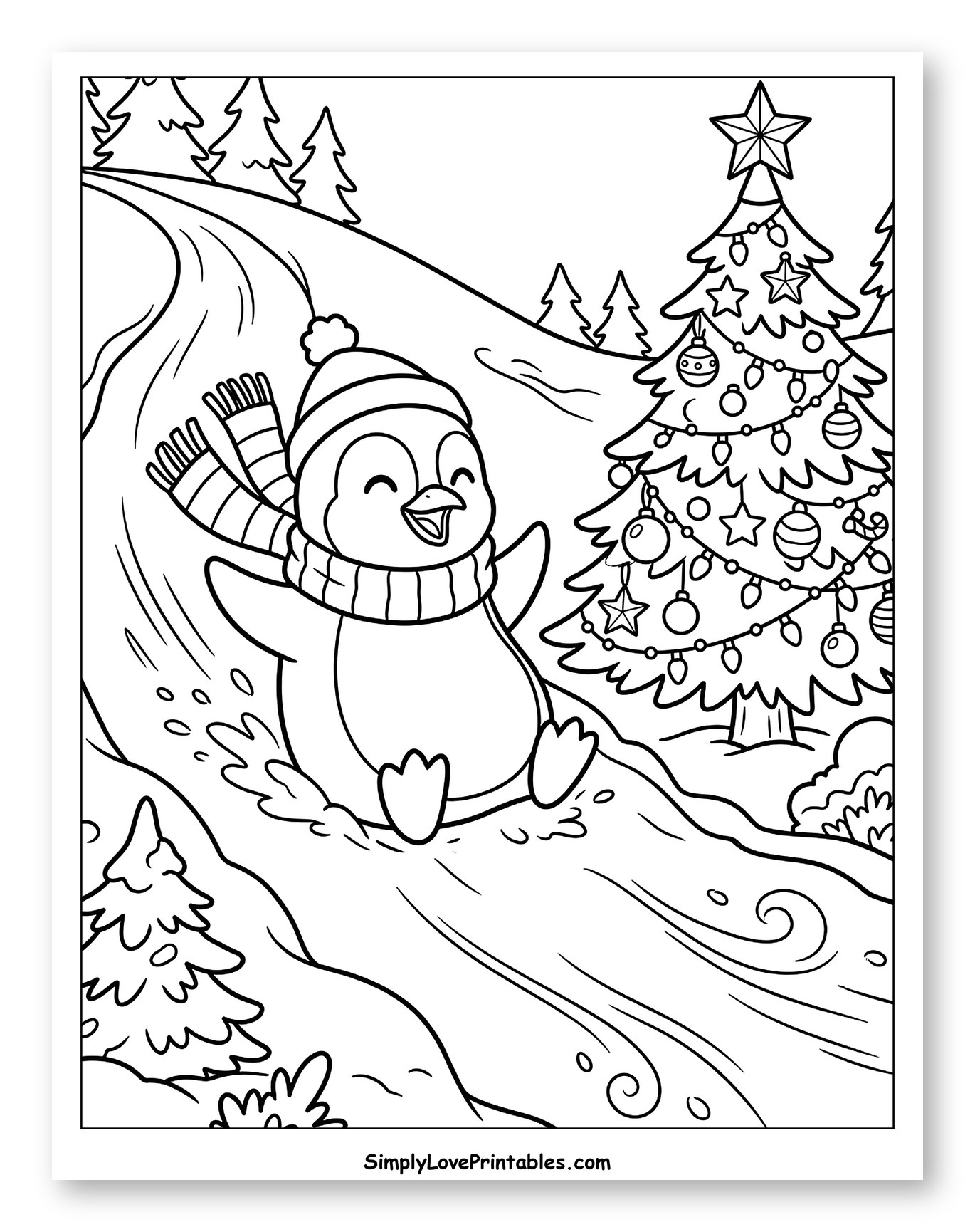 Playful Penguin Sledding Past a Decorated Christmas Tree Coloring Page for Kids