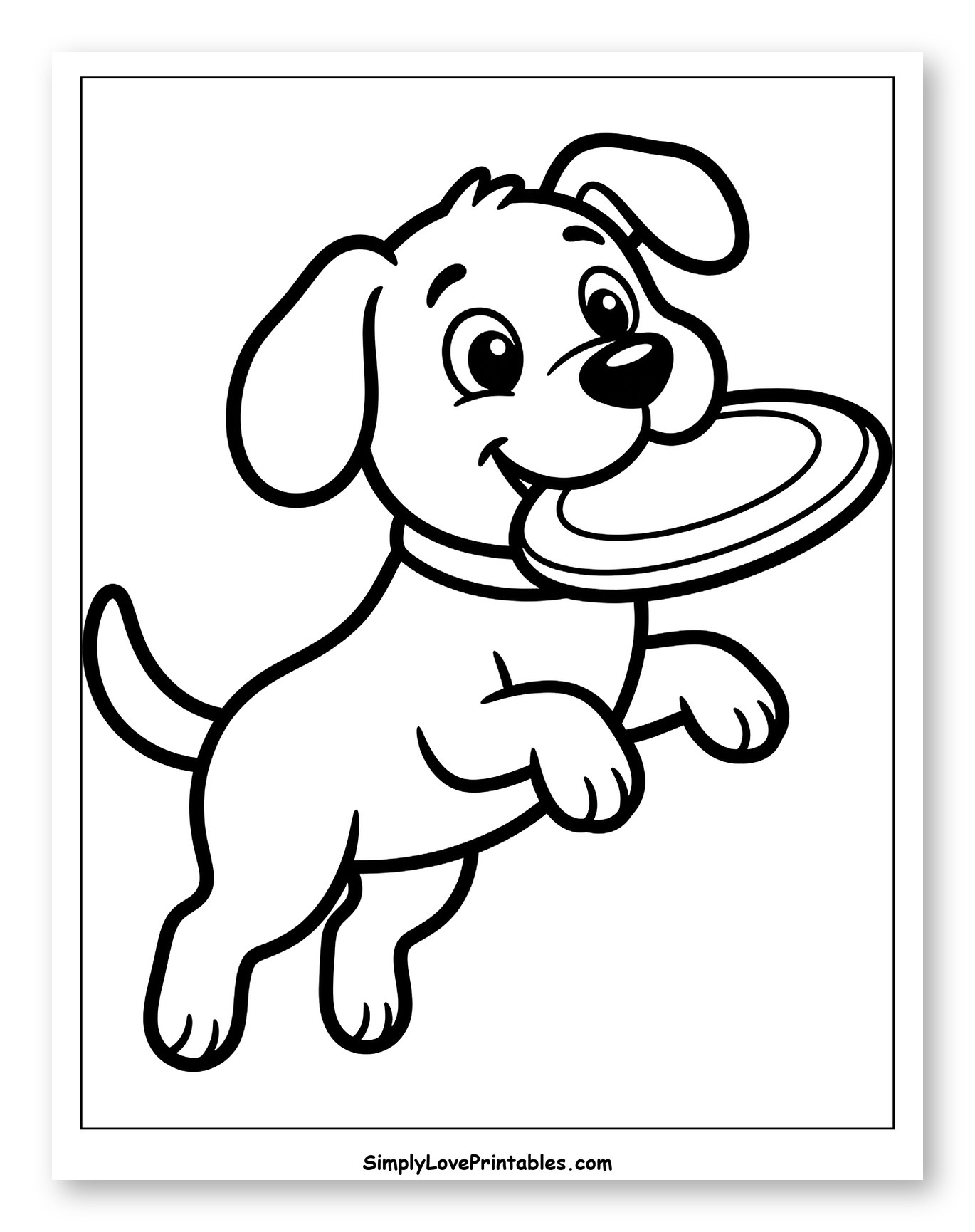 Playful Puppy Catching a Frisbee Coloring Sheet for Toddlers
