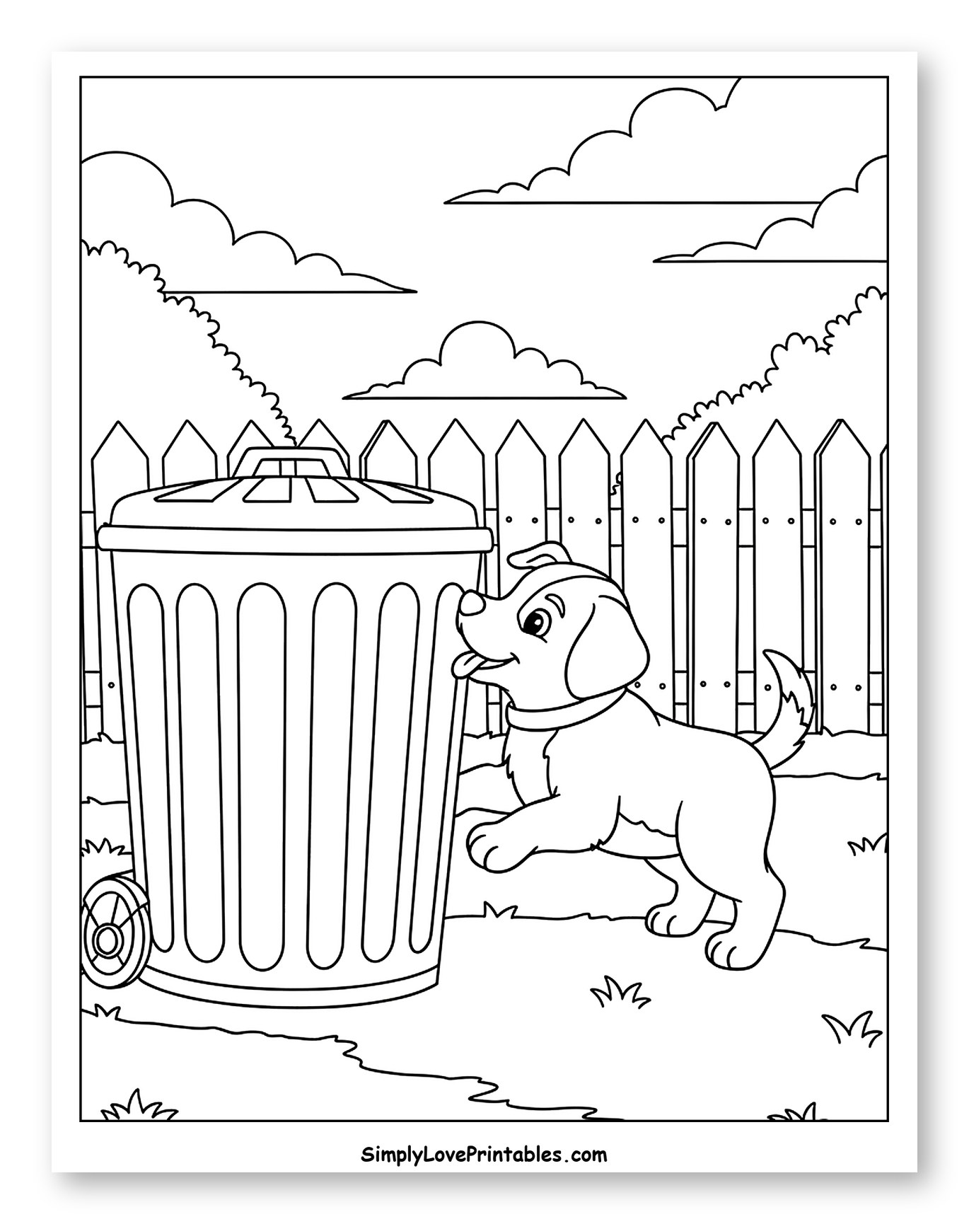 Playful Puppy Next to Garbage Can Coloring Page for Kids