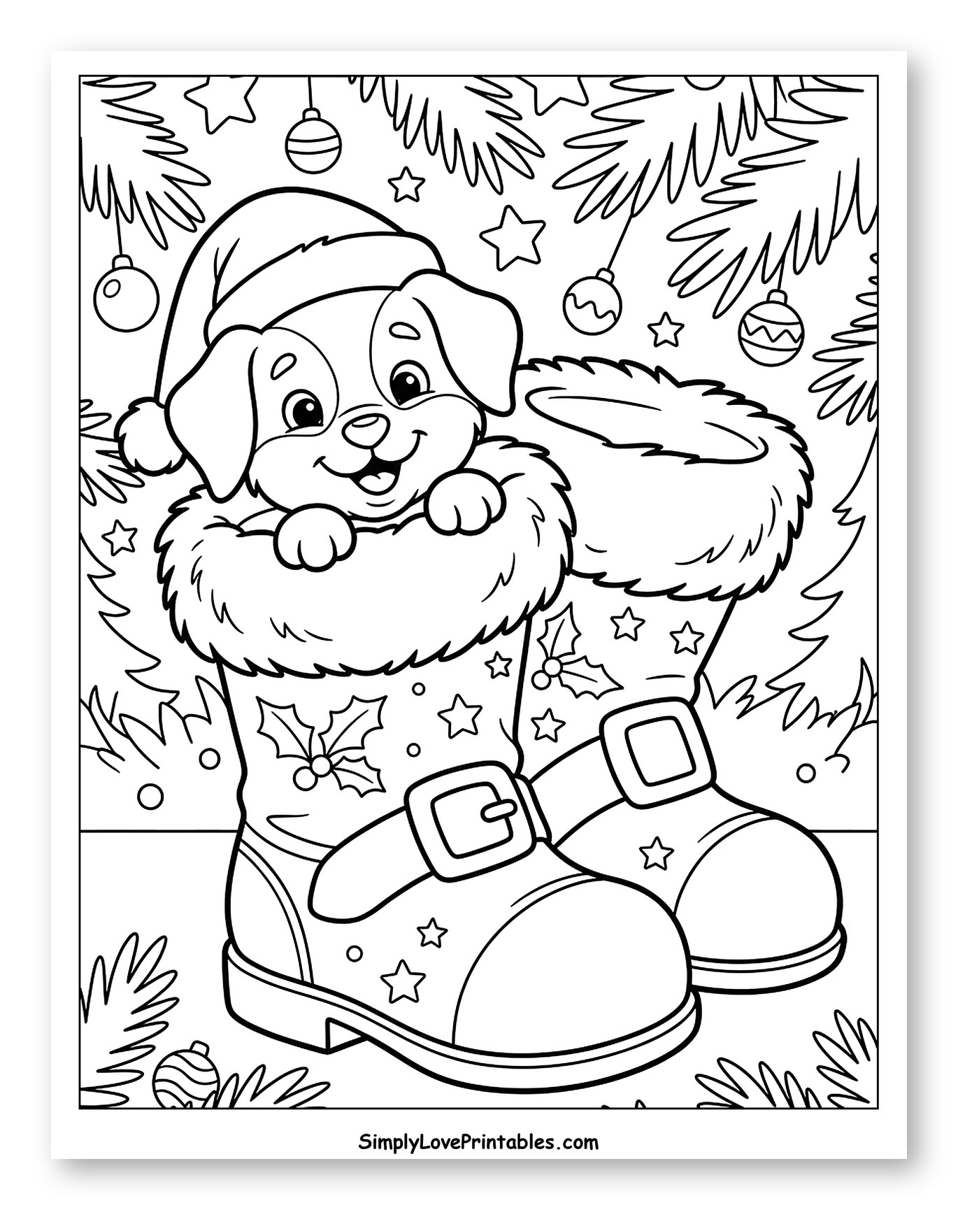 Playful Puppy Peeking Out of a Santa Boot Coloring Sheet for Kids