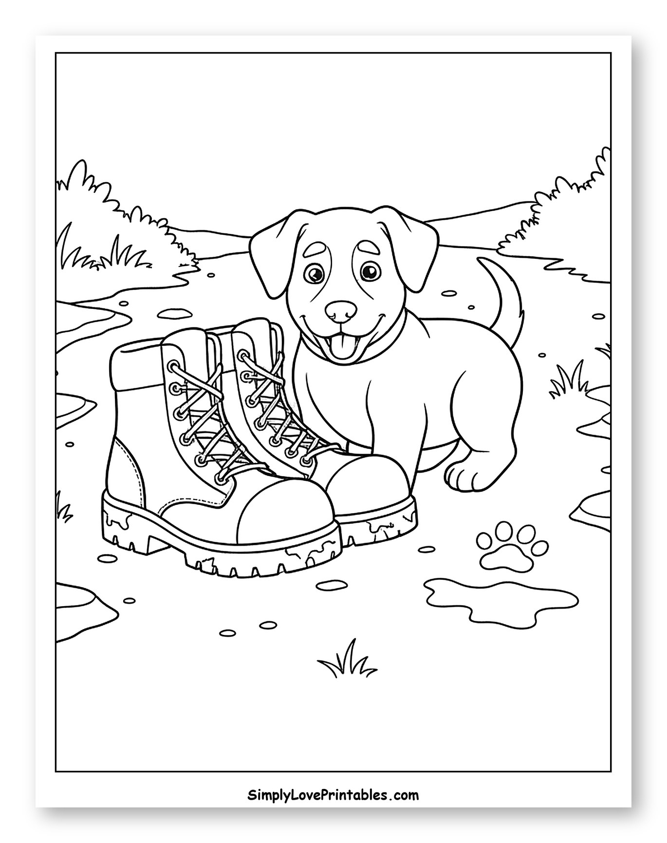 Playful Puppy with Boots and Paw Print Coloring Page for Kids