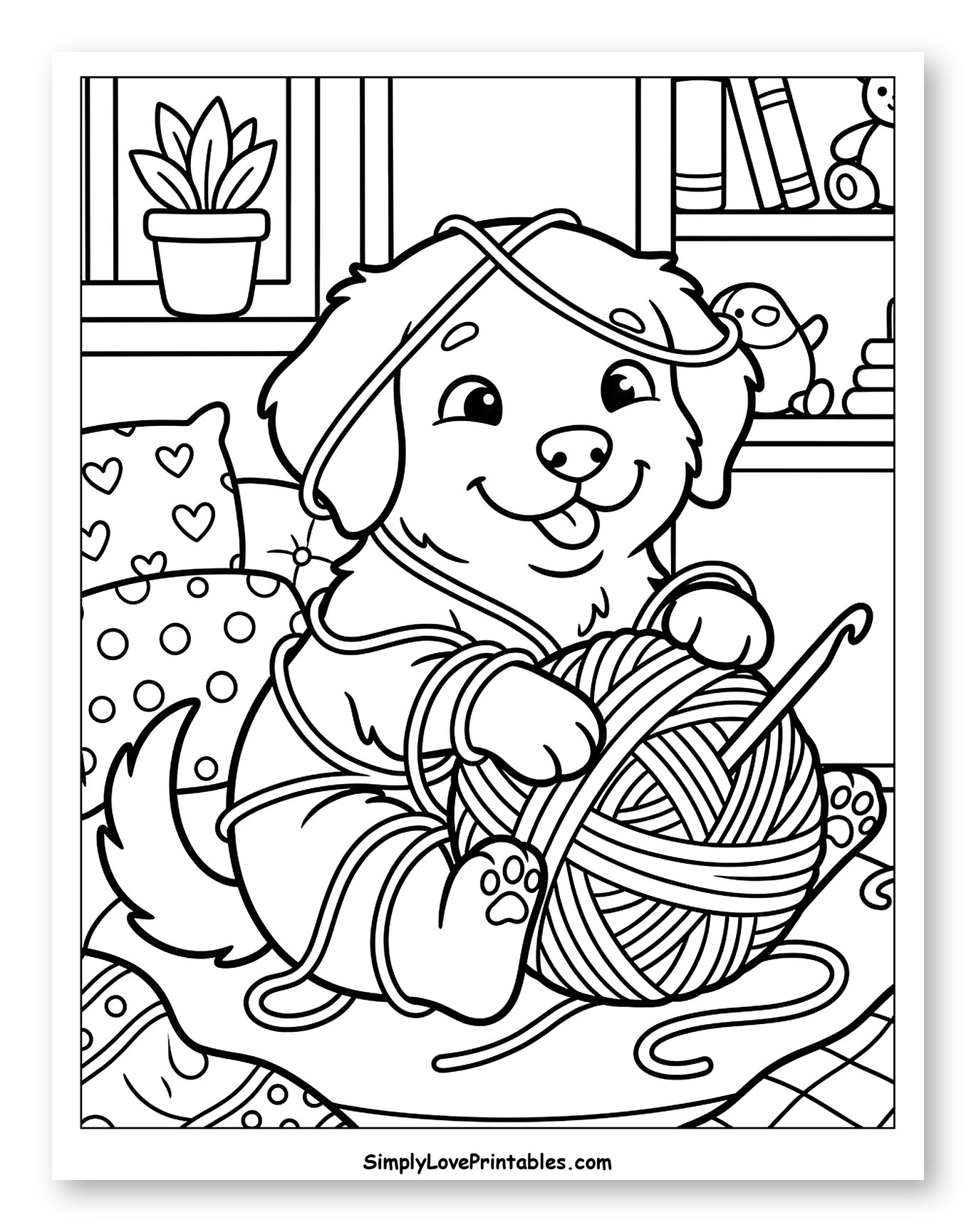 Playful Puppy with Yarn and Crochet Hook Coloring Page for Kids