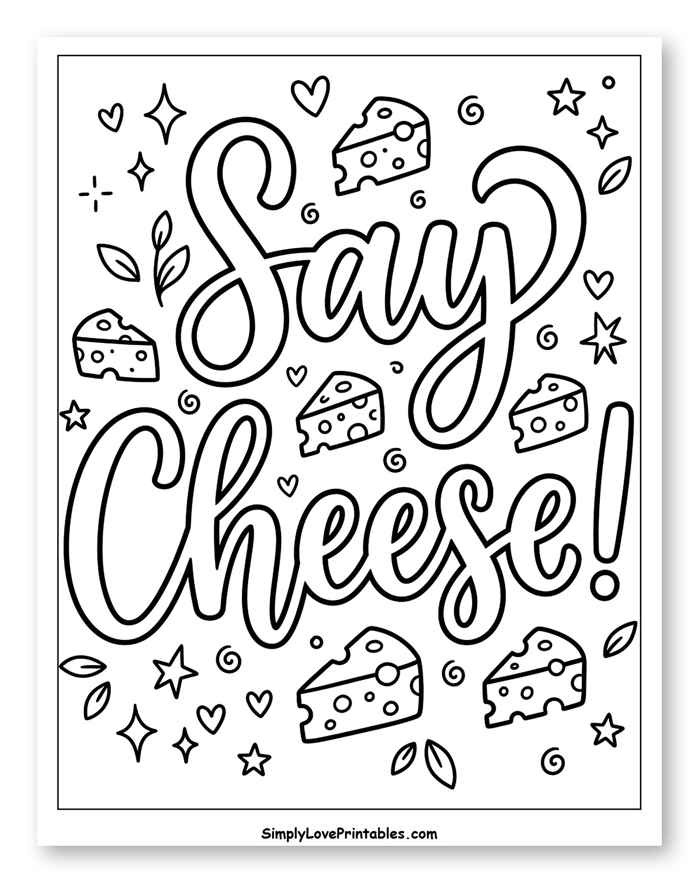 Playful Say Cheese Text with Cheese Slices Coloring Page for Adults