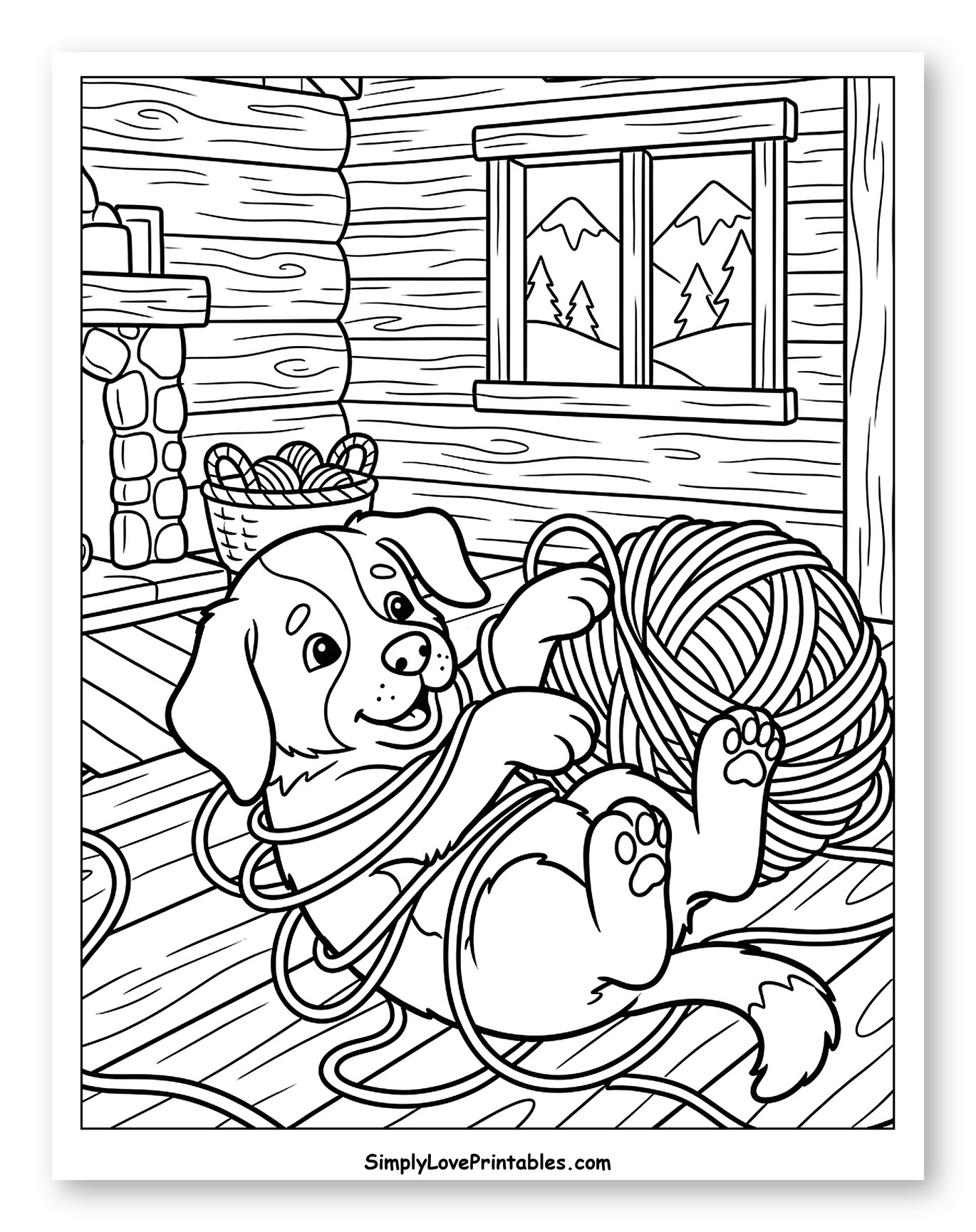 Playful St. Bernard Puppy with Yarn in Cabin Coloring Page for Kids